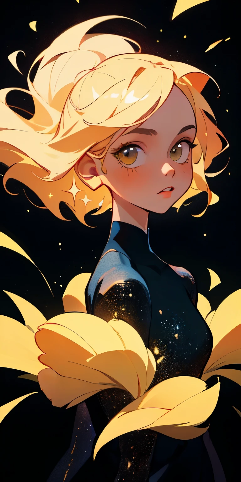 (best quality, masterpiece), 1girl, galaxy, glitter, dress, particle, wind, flower, upper body, dark simple background, looking at viewer, blonde,