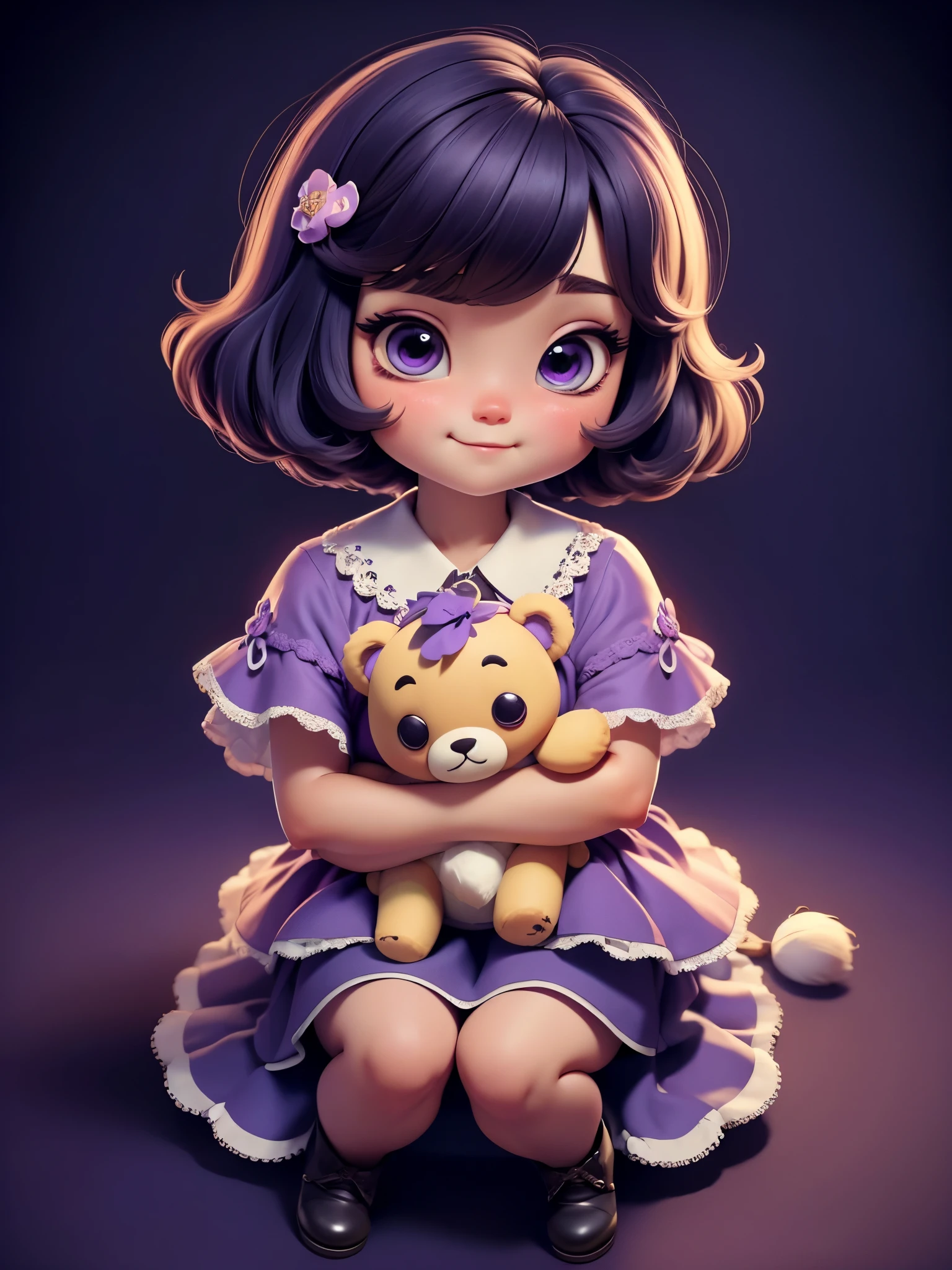 (masterpiece: 1.2), (best quality),Cute chibi style doll,Holding a cute teddy bear,sitting,(best quality), ((masterpiece)), (high resolution),(happy),Happy,happy,Purple short hair with bangs。(intricate details) ,(8k), (exquisite eyes) (sharp focus),