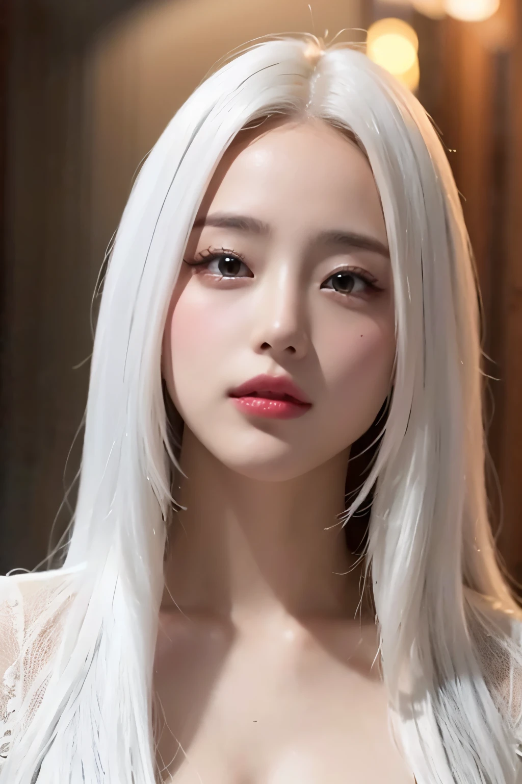 realistic, High resolution, 1 female, glowing skin, alone, wide lips,long hair,straight hair,saggy breasts,small face,white hair,Color Contacts,Trendy fashion,Full body coordination daytime,realistic skin texture,Real,K-pop Idol