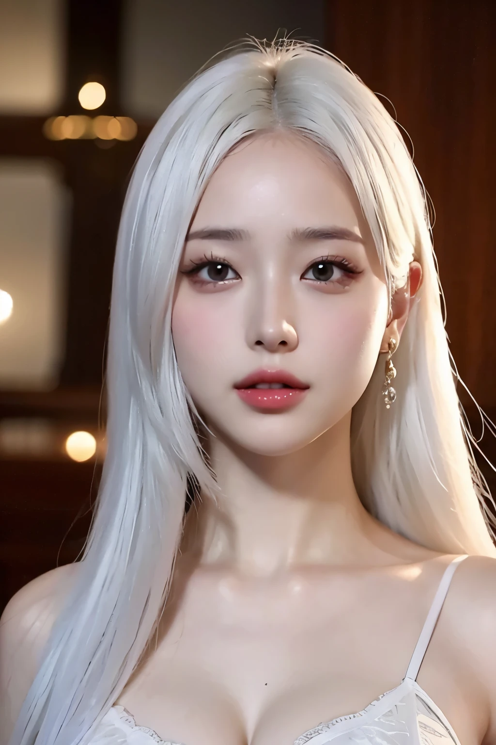 realistic, High resolution, 1 female, glowing skin, alone, wide lips,long hair,straight hair,saggy breasts,small face,white hair,Color Contacts,Trendy fashion,Full body coordination daytime,realistic skin texture,Real,K-pop Idol