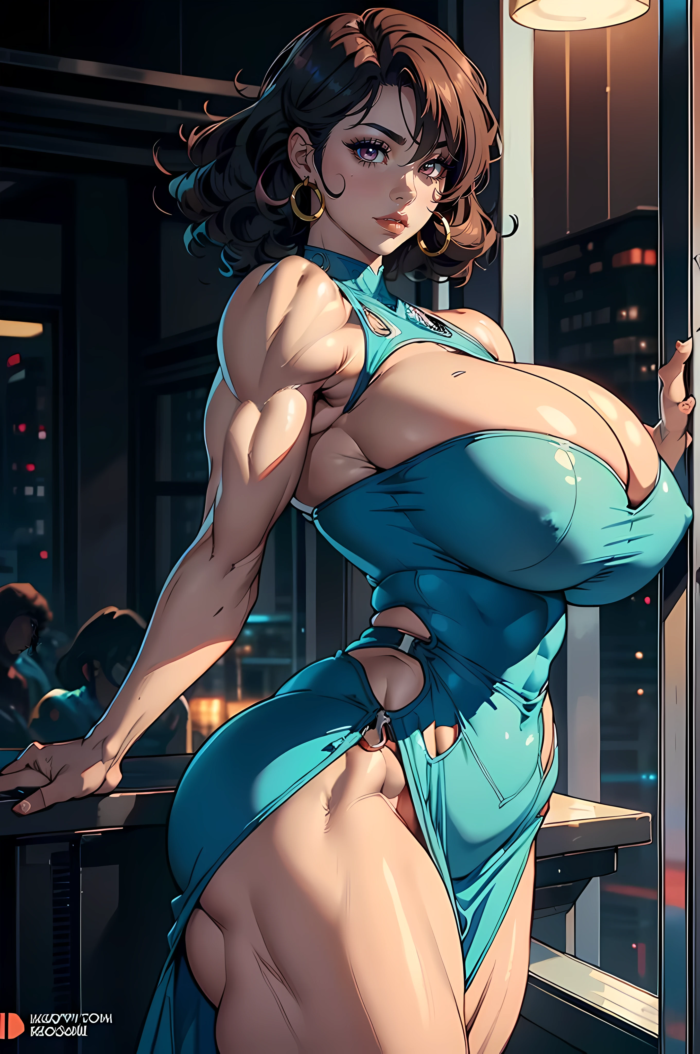 Best quality, solo mature woman, ((NSFW)), (((accurate anatomy))), ((wide hips)), (((Huge breasts))), ((long legs)), (((Massive Female Bodybuilder))), ((((Muscular Legs)))), (((((Huge Muscles))))), very curvy, dark skin, styled curls, pale  blue eyes, full lips, seductive, big hoops, tight tube dress, night club, strip club,