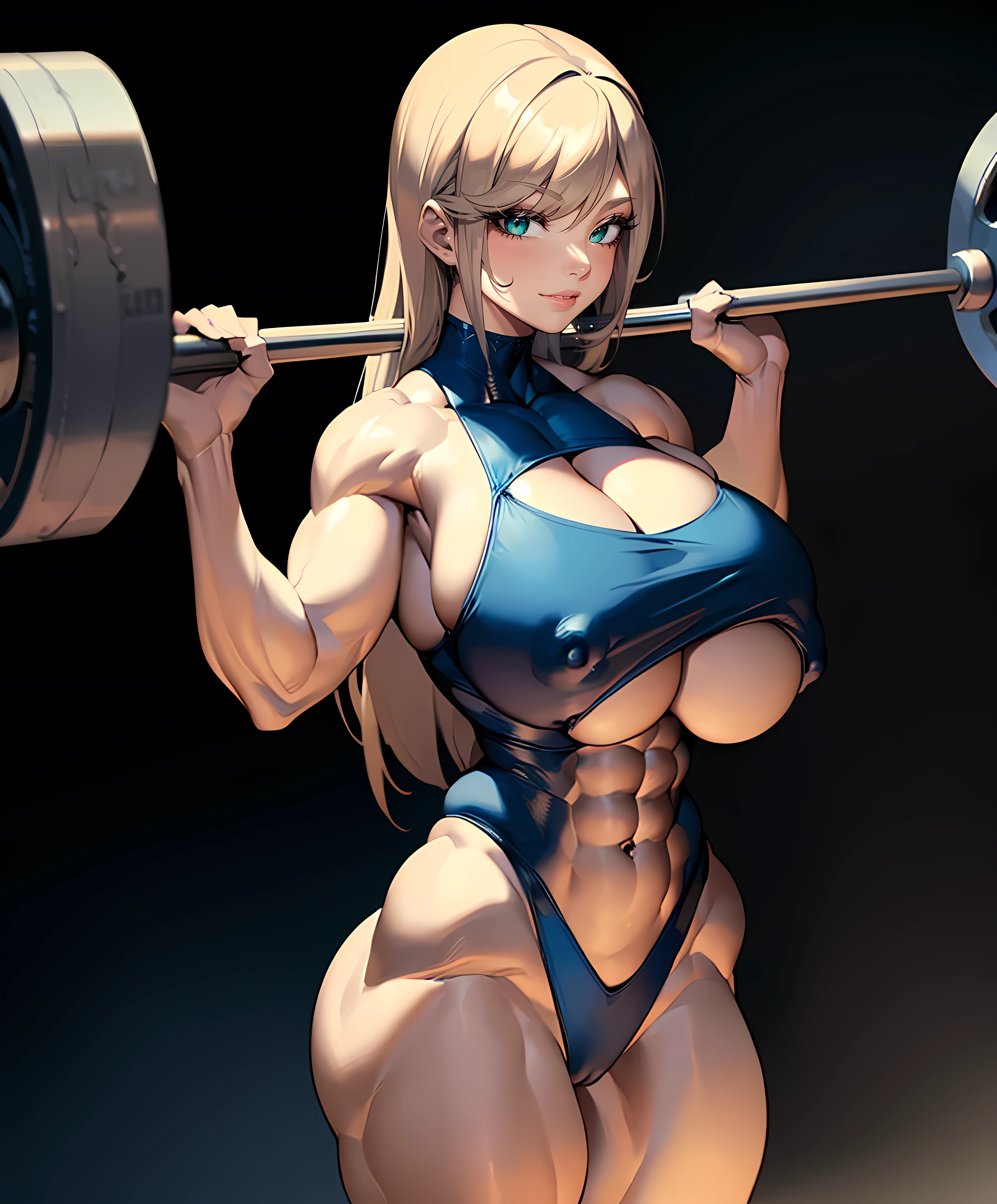 ((NSFW)), (((accurate anatomy))), ((wide hips)), (((Huge breasts))), ((long legs)), (((Massive Female Bodybuilder))), ((((Muscular Legs)))), (((((Huge Muscles))))), Shoulder the barbell with both hands, Carry a barbell on her shoulder, a barbell behind her neck, smile