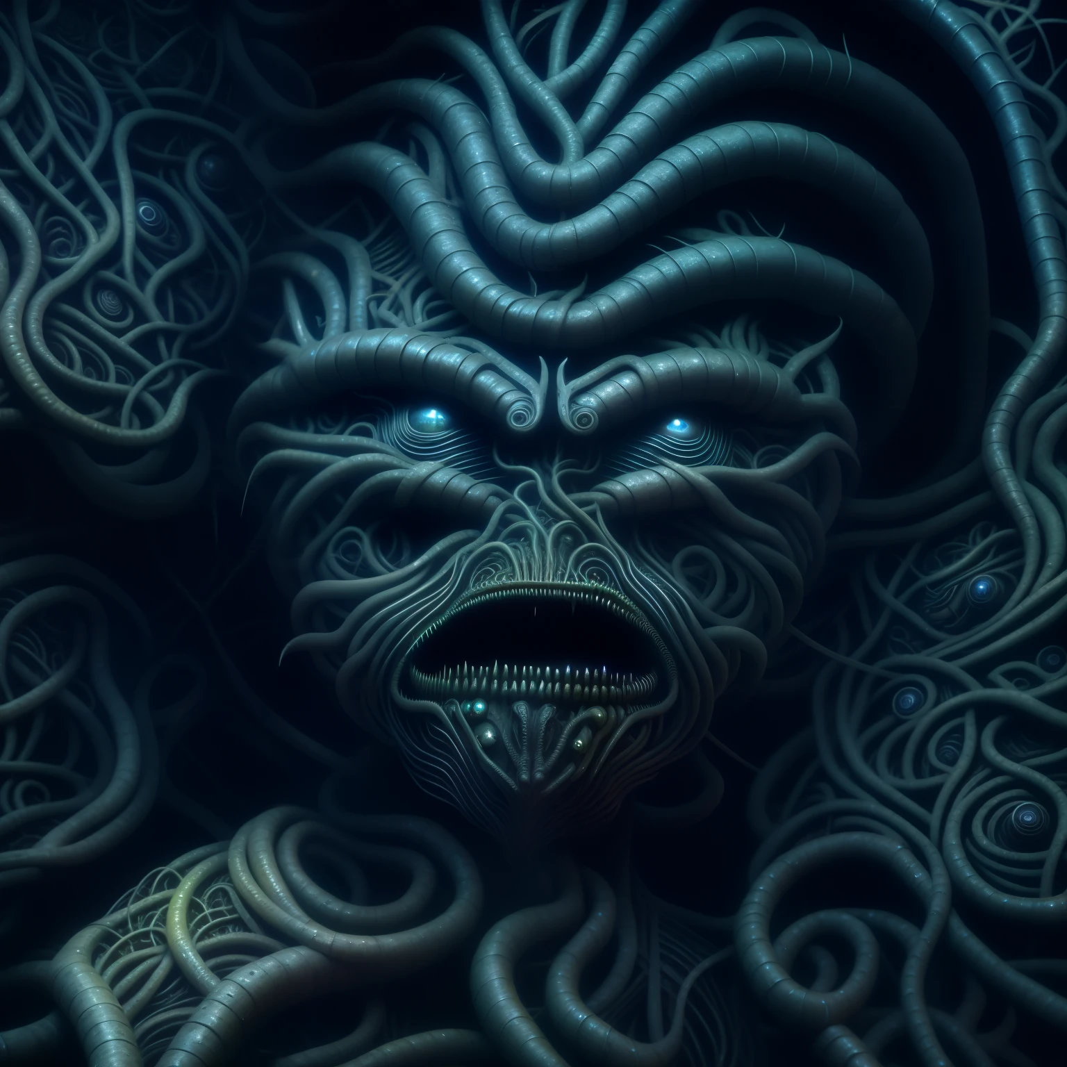 a close up of a creature with a strange face surrounded by vines, face of a alien deity, portrait of a humanoid alien, dark but detailed digital art, alien portrait, detailed matte fantasy portrait, doom demon giger portrait, ornate giger background, hr giger. 8 k, a hyper-detailed alien, eerie highly detailed