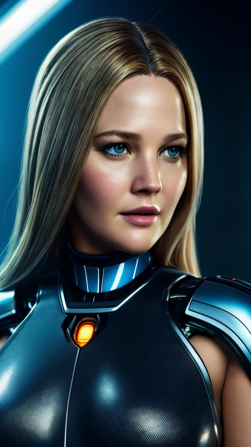 Face mix of Drew Barrymore and Jennifer Lawrence, Beautiful female humanoid robot , Full body Closeup shot, bionic eyes, futuristic background, hyper realistic synthetic skin of humanoid robot, very high quality and fantastic details with digital background , cinematic colour grading, cinematic view, movie scene stills,