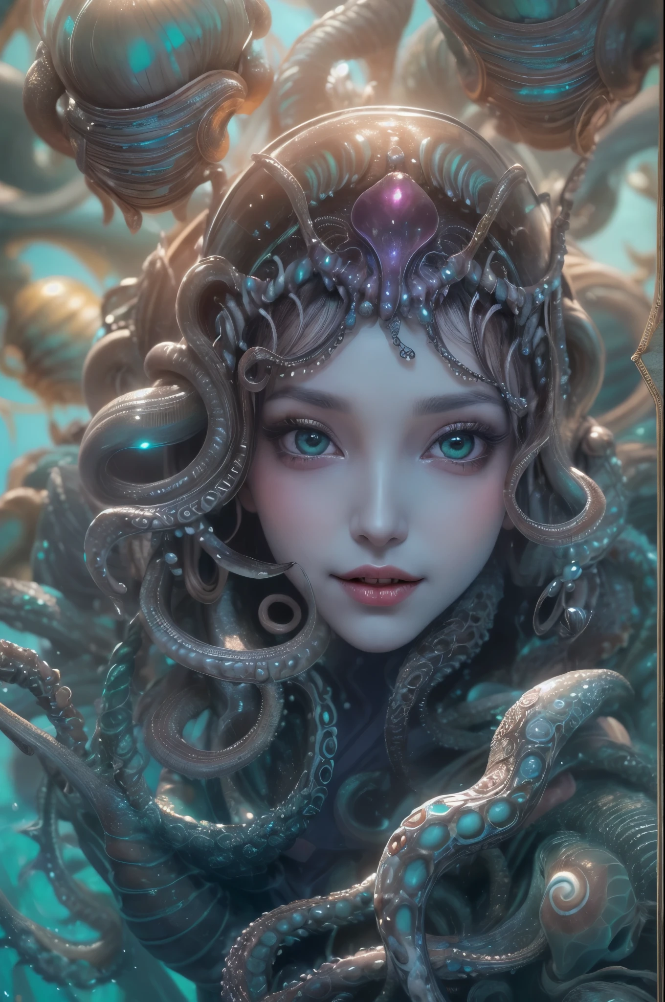 (A portrait of one beautiful and obscene female alien in the sea, who is a young ager:1.4), ((There is a female genital-like organ in the middle of her forehead:1.8)), (realistic face:1.2), (Numerous award-winning masterpieces, with incredible detail, textures and maximum detail), artistic photography, midnight aura, unreal engine 5, Ultra Sharp Focus, art by Amano Yoshitaka, ArtGerm, Roisch, intricate artwork, ultra realistic realism, high resolution, High freshness, drawing faithfully, official art, Unity 8K Wall paper, ultra detailed artistic photography, dream-like, Creation of fantasy, dream Snail, (biopunk nautilus:1.3),Thrilling color schemes, seductively smiling, Amazing mutation, well-proportioned body, goddess of the deep sea, fractal, Geometric pattern, impossible figures, (translucent white tentacles with luminescent organs:1.4), subtle emerald green accents, (smiling seductively:1.3),(She has the most beautiful face in the history of the universe:1.5), Penelope Cruz, (she is looking down at viewers with glowing iridescent eyes with no pupils:1.3), an evil gaze that seduces, cinematic lighting, (Vampire-like long canine teeth can be glimpsed through the gap between the cute lips:1.3), in the hall of the palace, Sweet breath is exhaling from beautiful lips, ecstatic expression