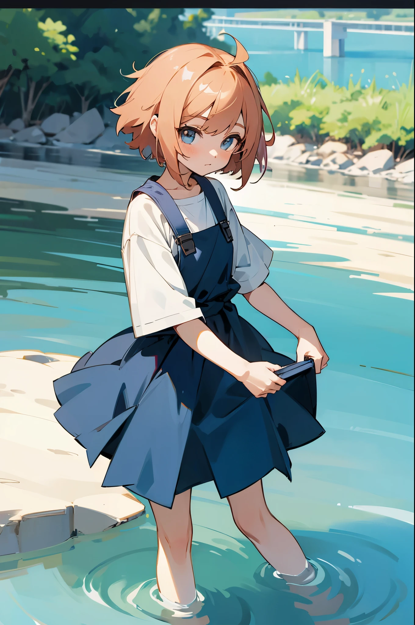 Short hair, boyish, anime girl, cute, nature, river