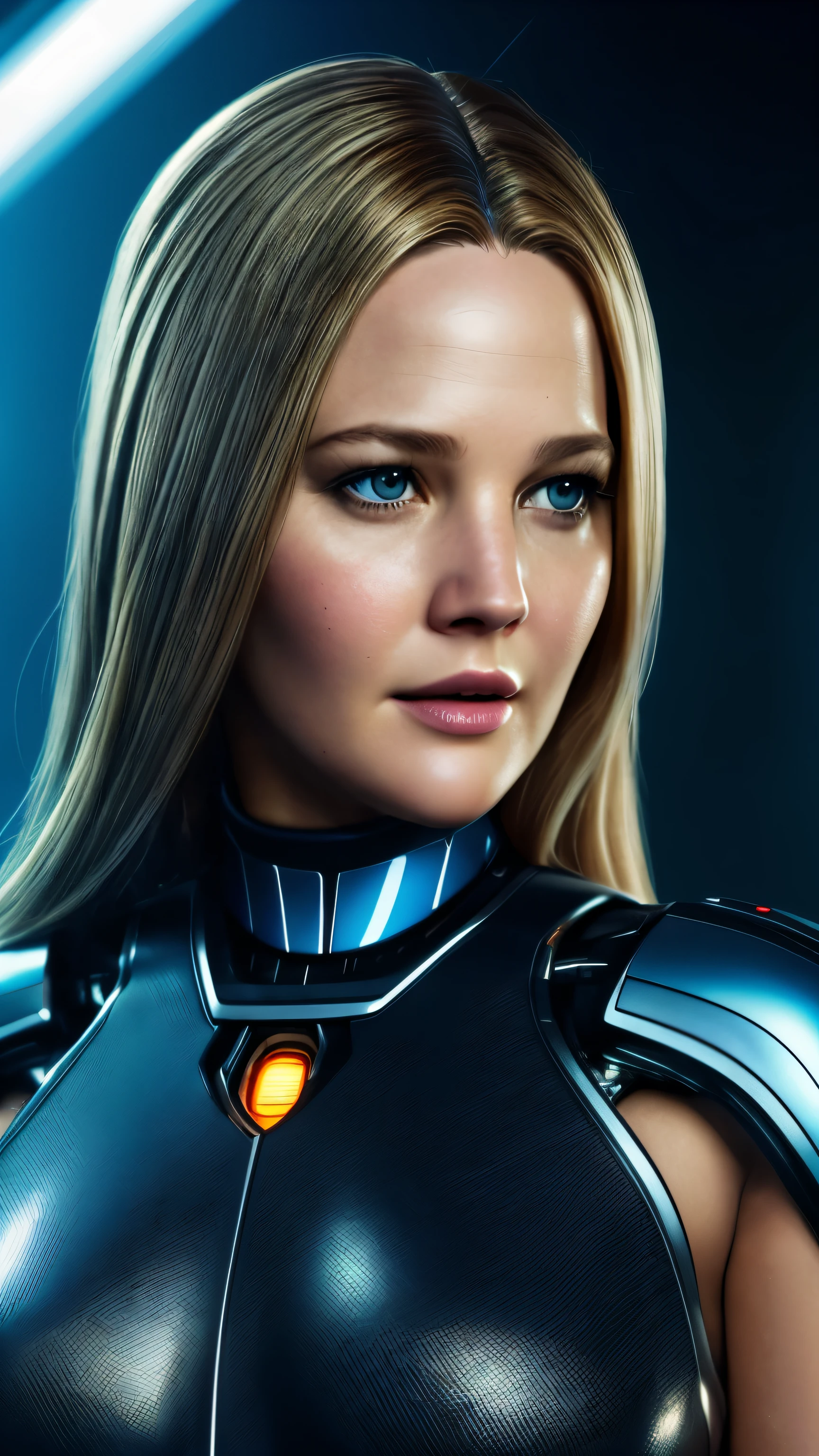 Face mix of Drew Barrymore and Jennifer Lawrence, Beautiful female humanoid robot , Full body Closeup shot, bionic eyes, futuristic background, hyper realistic synthetic skin of humanoid robot, very high quality and fantastic details with digital background , cinematic colour grading, cinematic view, movie scene stills,