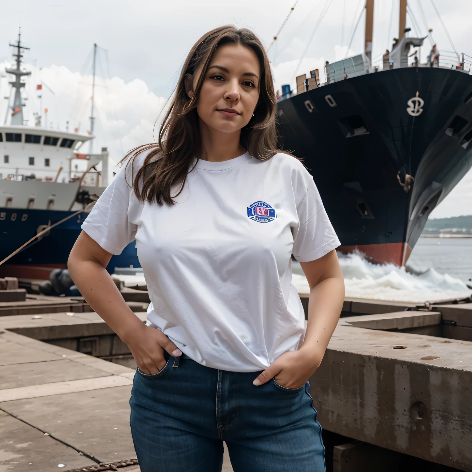 portrait of a middle aged woman with her hands in her pockets and saggy tits, working at a shipyard where men in protective clothes are welding ships in the background
