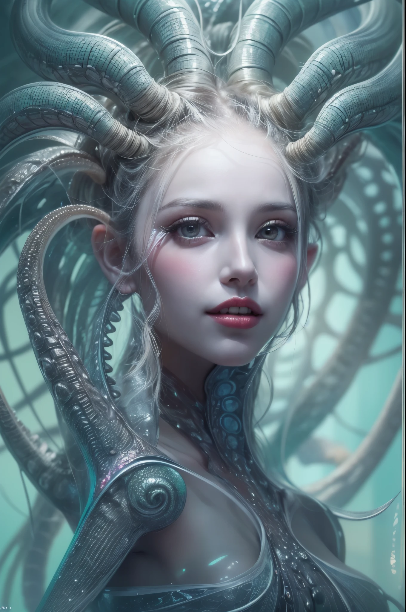 (A portrait of one beautiful and obscene female alien in the sea, who is a young teenager:1.4), ((There is a female genital-like organ in the middle of her forehead:1.8)), (realistic face:1.2), (Numerous award-winning masterpieces, with incredible detail, textures and maximum detail), artistic photography, midnight aura, unreal engine 5, Ultra Sharp Focus, art by Amano Yoshitaka, ArtGerm, Roisch, intricate artwork, ultra realistic realism, high resolution, High freshness, drawing faithfully, official art, Unity 8K Wall paper, ultra detailed artistic photography, dream-like, Creation of fantasy, dream Snail, (biopunk nautilus:1.3),Thrilling color schemes, seductively smiling, Amazing mutation, well-proportioned body, goddess of the deep sea, fractal, Geometric pattern, impossible figures, (translucent white tentacles with luminescent organs:1.4), subtle emerald green accents, (smiling seductively:1.3),(She has the most beautiful face in the history of the universe:1.5), Penelope Cruz, (she is looking down at viewers with glowing iridescent eyes with no pupils:1.3), an evil gaze that seduces, cinematic lighting, (Vampire-like long canine teeth can be glimpsed through the gap between the cute lips:1.3), in the hall of the palace, Sweet breath is exhaling from beautiful lips, ecstatic expression