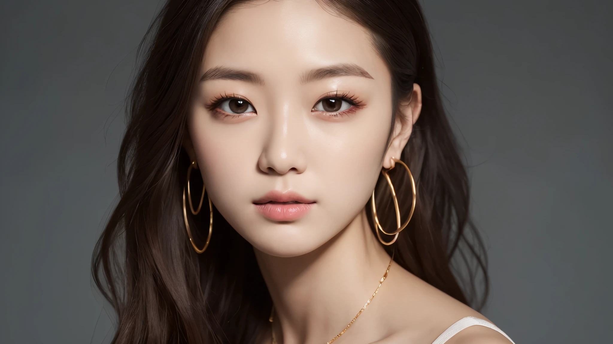 masterpiece, highest quality, alone, 1 girl, glowing skin, hoop earrings, glamorous, quirky details, smooth hair, fascinating, crop top, long pants, shallow depth of field, contrasting, professional model, facing the front, portrait