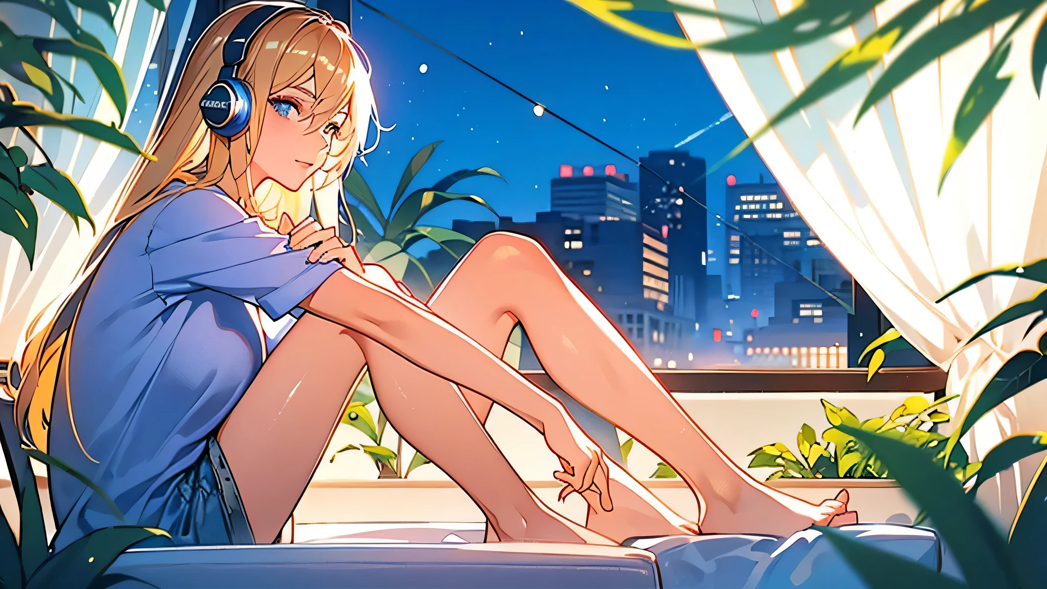 (best quality ,masterpiece ,ultra-detailed),A blonde young woman in her room wearing t-shirt and shorts sitting by the window listening to music on her blue wireless headphones, happy sexy girl, YouTube cover, beautiful detailed eyes, beautiful detailed lips, long eyelashes, cozy bedroom, natural lighting, soft color tones, bokeh, realistic rendering, stylishly dressed, comfortable chair, sunlight streaming through the window, relaxed posture, plants in the background.