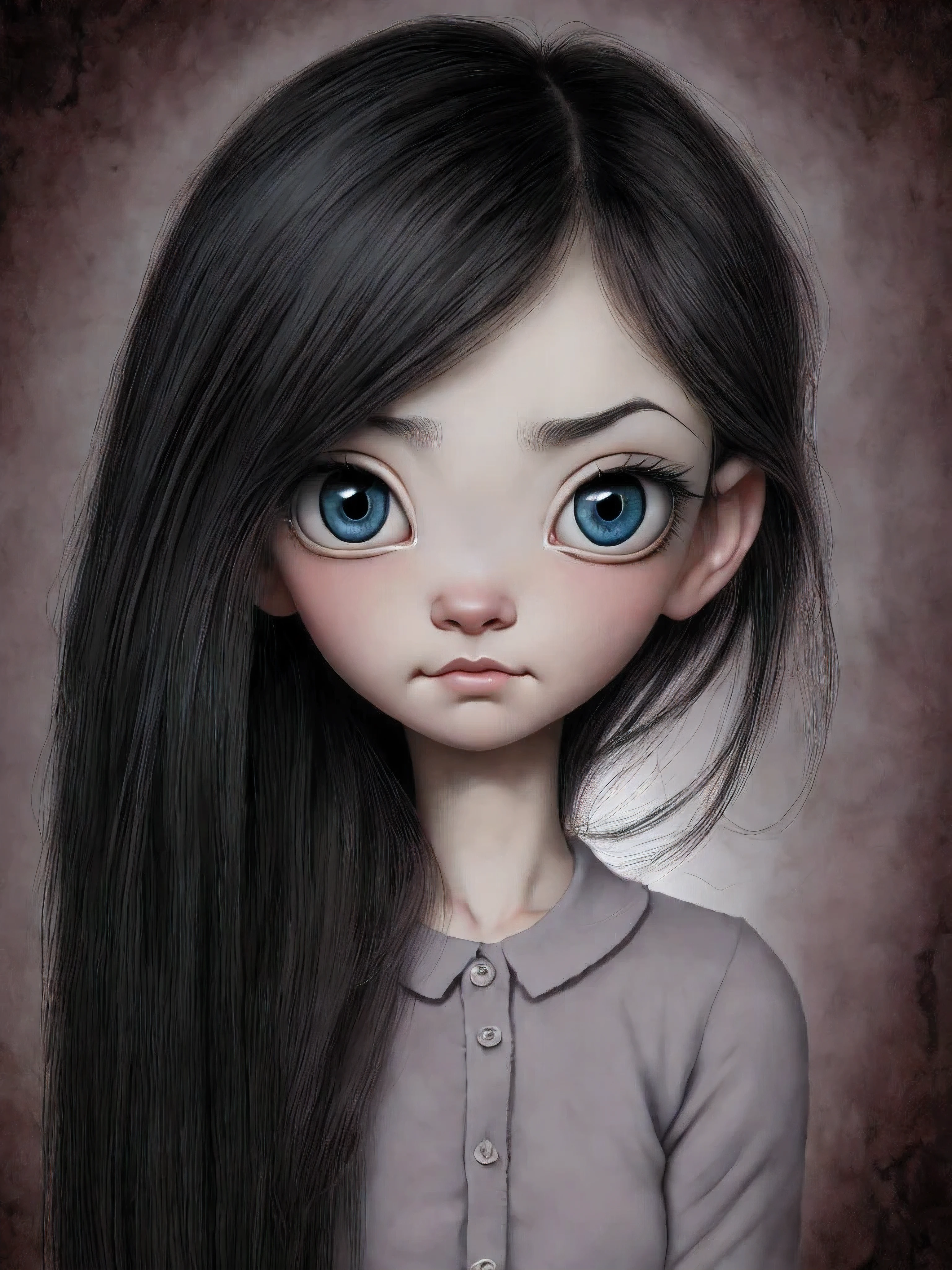 Un primer plano de una chica muy triste con el pelo largo (rubio) y los ojos grandes y azules, Anton Semenov, Mark Ryden muy detallado, Estilo Mark Ryden, Mark Ryden en el estilo de, Estilo de Mark Ryden, inspirado por Mark Ryden, Naoto Hattori, Adorable pintura digital, cara linda. DarkFantasy, Estilo Wlop Loish y Clamp, desnuda