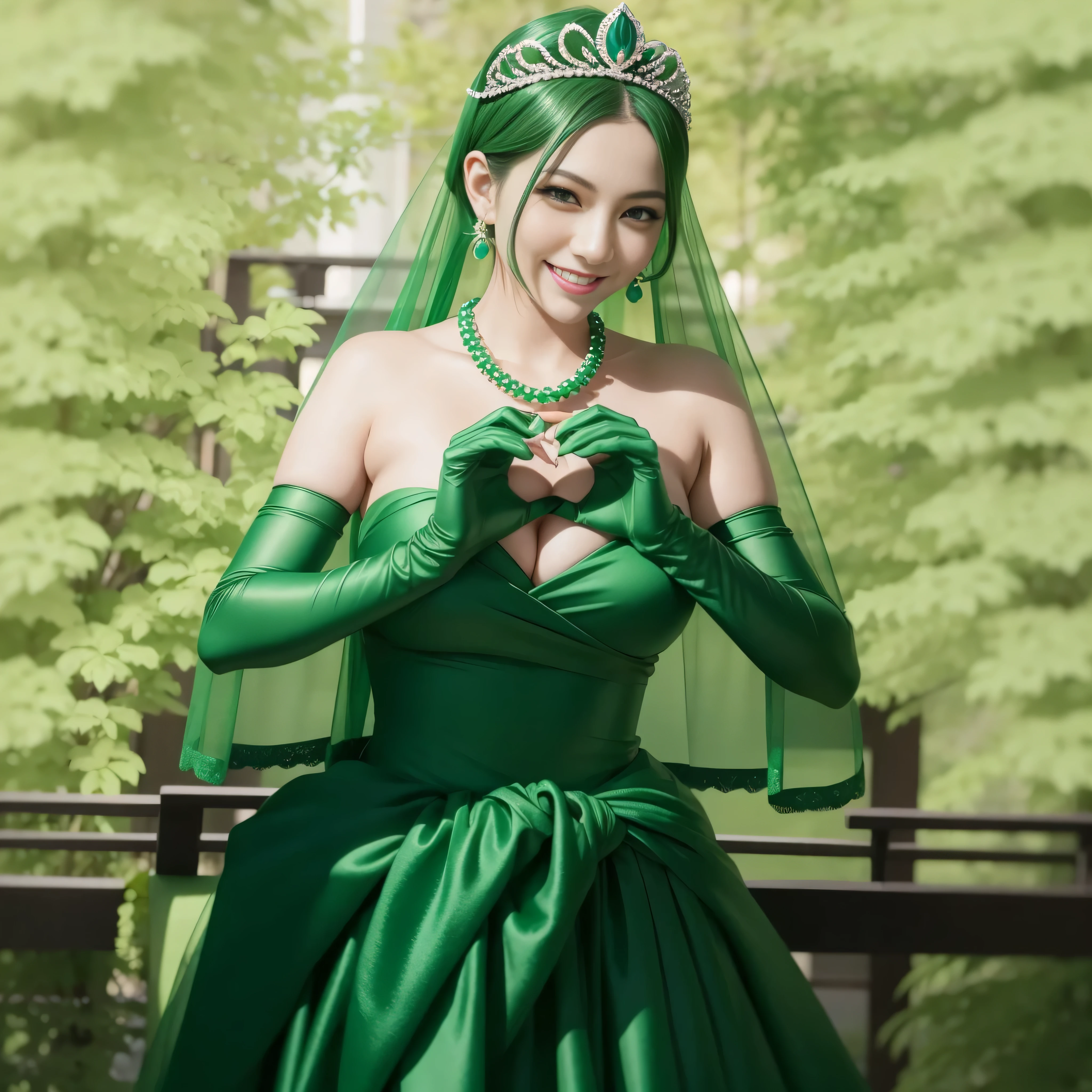 emerald tiara, green pearl necklace, ボーイッシュな非常に短いgreen hair, lipstick, smiling Japanese woman, very short hair, Beauty with large breasts, green eyes, Long Green Satin Gloves, green eyes, emerald earrings, green veil, heart with both hands, green hair, beautiful japanese woman, heart shaped hand:1.3