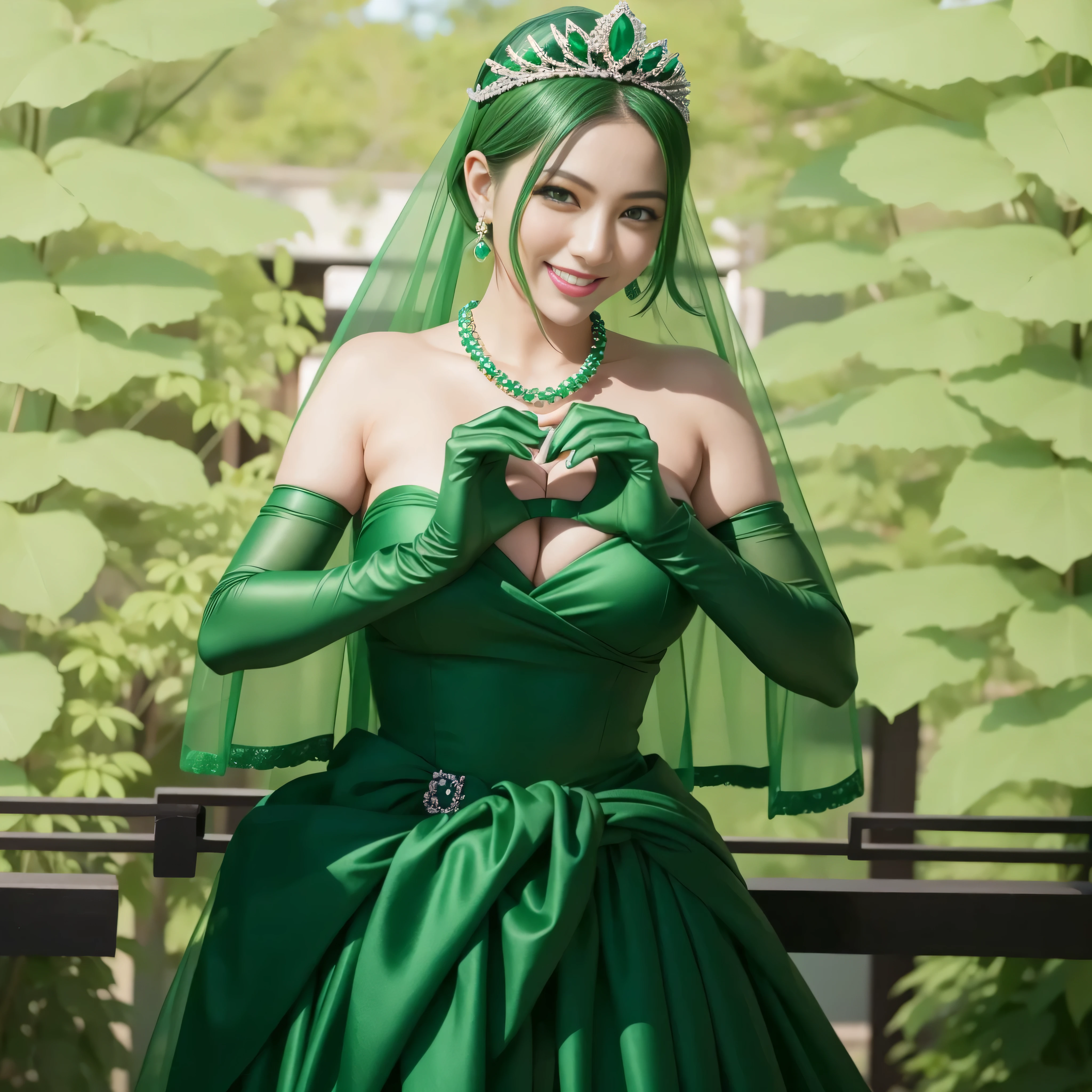 emerald tiara, green pearl necklace, ボーイッシュな非常に短いgreen hair, lipstick, smiling Japanese woman, very short hair,  Beauty with large breasts, green eyes, Long Green Satin Gloves, green eyes, emerald earrings, green veil, heart with both hands, green hair, beautiful japanese woman, heart shaped hand:1.3