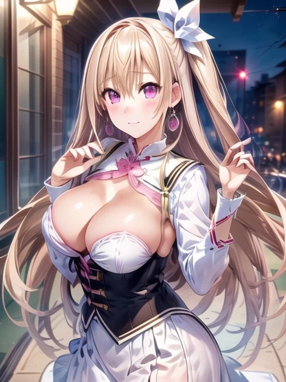 1 girl,night, Upper body,close, 8K, RAW photo, highest quality, masterpiece,realistic, photo-realistic, big breasts、mayuri_a, long hair, single side ponytail, pink eyes, white hair ribbon, White sailor uniform, Mayuri's white official sailor uniform,