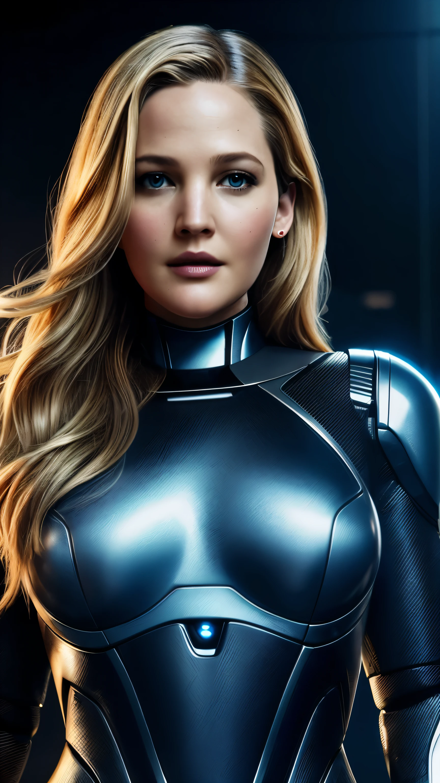 Face mix of Drew Barrymore and Jennifer Lawrence, Full body shot, master shot, Beautiful female humanoid robot , Full body Closeup shot, bionic eyes, futuristic background, hyper realistic synthetic skin of humanoid robot, very high quality and fantastic details with digital background , cinematic colour grading, cinematic view, movie scene stills,
