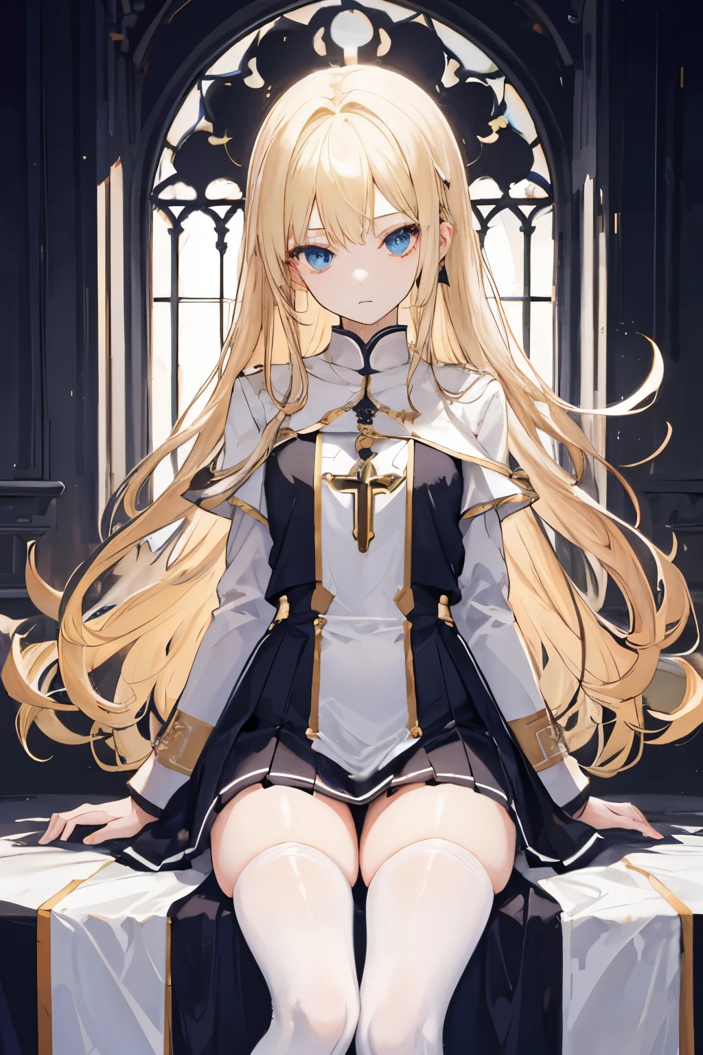 young,beautiful face, highest quality,Super high natural light, shiny skin,fine skin,detailed face,fine eyes, beautiful girl, blonde, Long Wave, Expressionless, I'm 11 years old, priest uniform,mini skirt,Thighhighs,thighs