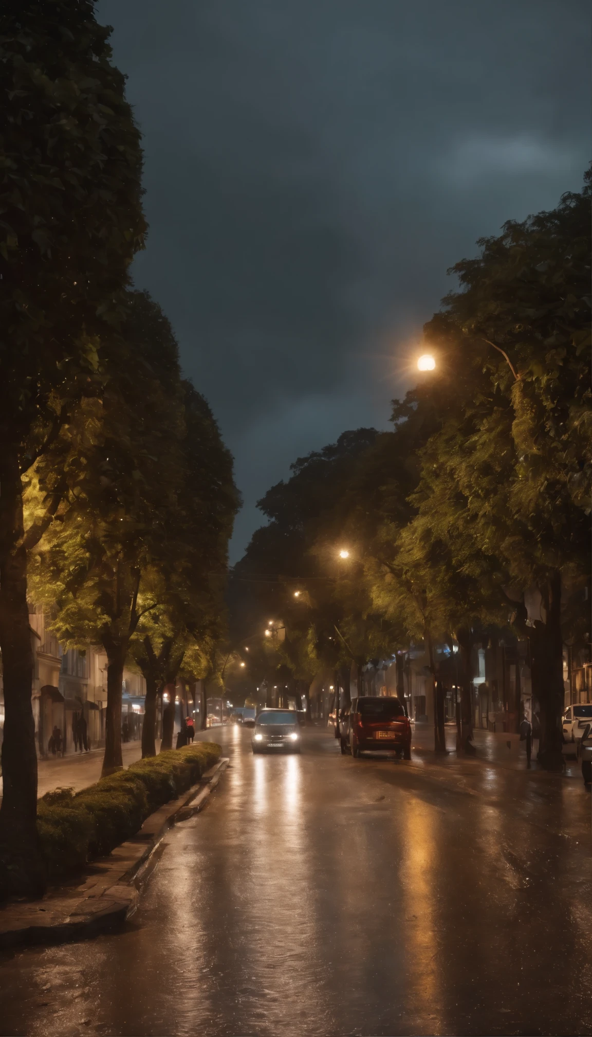 uma rua de uma pequena cidade iluminada por luzes dos postes, the asphalt is wet from the rain, some clouds in the sky, the darkness of the night.