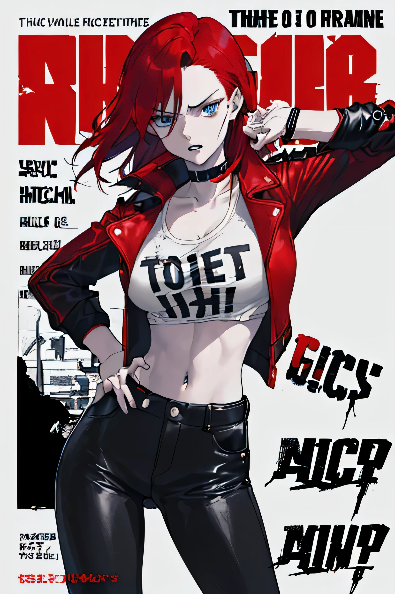 ((((dramatic))), (((gritty))), (((intense))) film poster featuring a young woman with red hair and blue eyes as the central character. She stands confidently in the center of the poster, wearing a red leather jacket with a black shirt underneath, black pants , with a determined expression on her face. The background is dark and gritty, with a sense of danger and intensity. The text is bold and attention-grabbing, with a catchy tagline that adds to the overall feeling of drama and excitement. The color palette is mainly dark with splashes of black and red colors, giving the poster a dynamic and visually striking appearance,tachi-e
(magazine:1.3), (cover-style:1.3), fashionable, woman, vibrant, outfit, posing, front, colorful, dynamic, background, elements, confident, expression, holding, statement, accessory, majestic, coiled, around, touch, scene, text, cover, bold, attention-grabbing, title, stylish, font, catchy, headline, larger, striking, modern, trendy, focus, fashion,