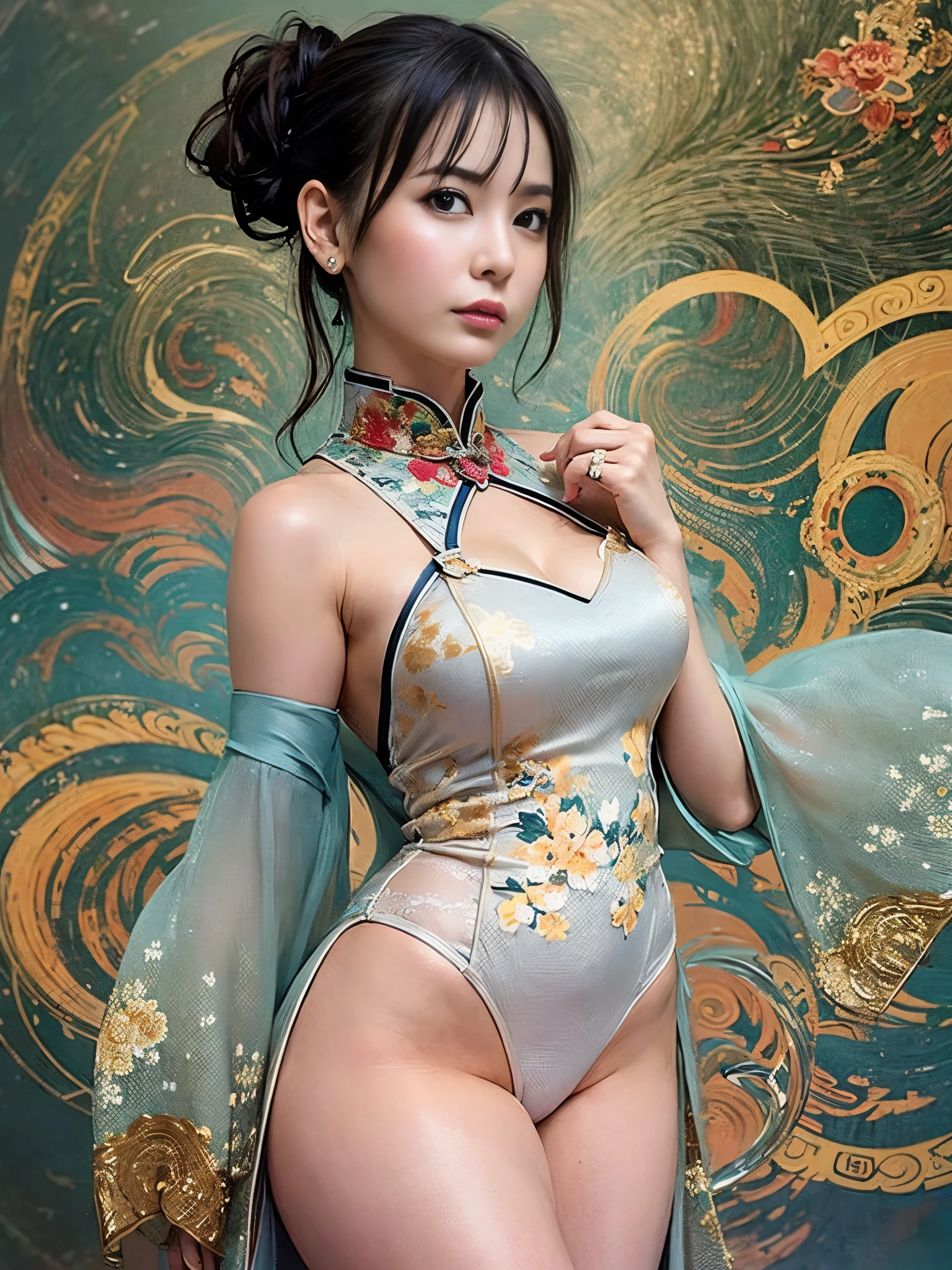 /*Quality writing*/
highest quality, 16k, table top, highly detailed face, highly detailed lips, fine eyes, realistic student,
break,
/*Characters and expressions*/Cheongsam with colorful pattern))), ((chinese traditional dresses)), qipao dress, Mini skirt dresses, white panties, break /*temporarily stop*/ (raise the hem of the skirt, raise the hem of the skirt with both hands, raise the hem of the skirt yourself), nice hands, Perfect
Very beautiful girl,ponytail、Caucasian Asian Girl, 1 girl, light shines on your face, (ponytailの髪), ((very kind smile)),
break
/*clothing*/
(((Green satin colorful pattern cheongsam))), ((chinese traditional dresses)), qipao dress, Mini skirt dresses, white panties,
break
/*temporarily stop*/
(raise the hem of the skirt, raise the hem of the skirt with both hands, raise the hem of the skirt yourself), nice hands, perfect hand break
/*angle pose*/
shanghai street, cowboy shot, looking at the viewer