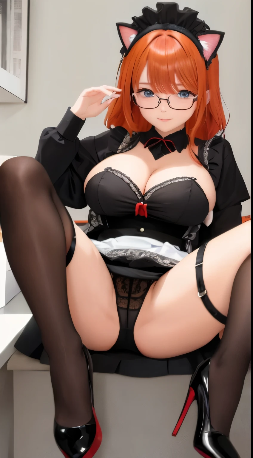 anime girl, 1 person, orange hair, glasses, Crown,maid,cat ear, front view, big breasts, tights, sitting on desk,exposed chest, underwear, maid suit, shy, blushing, lifting skirt , bright sky, sitting cross-legged, high heels,exposed chest, underwear, middle-aged women, blushing, lifting skirt, showing off underwear, (full HD 4K+ image
