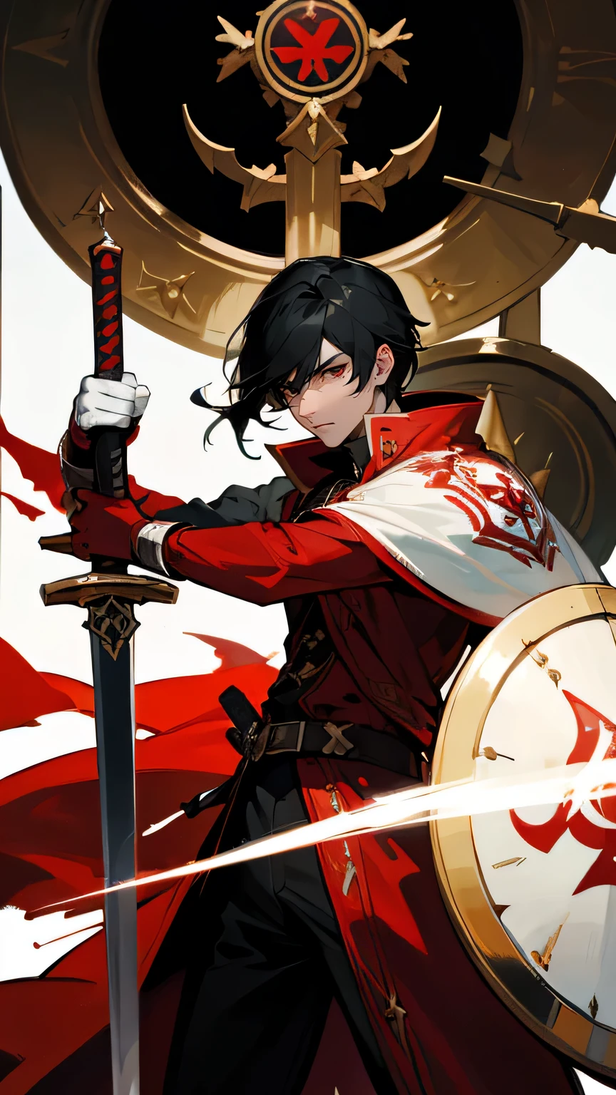 handsome,black hair,holy templar,white skin,red and black costume,bright skin,sword on right hand,shield on left hand,very handsome