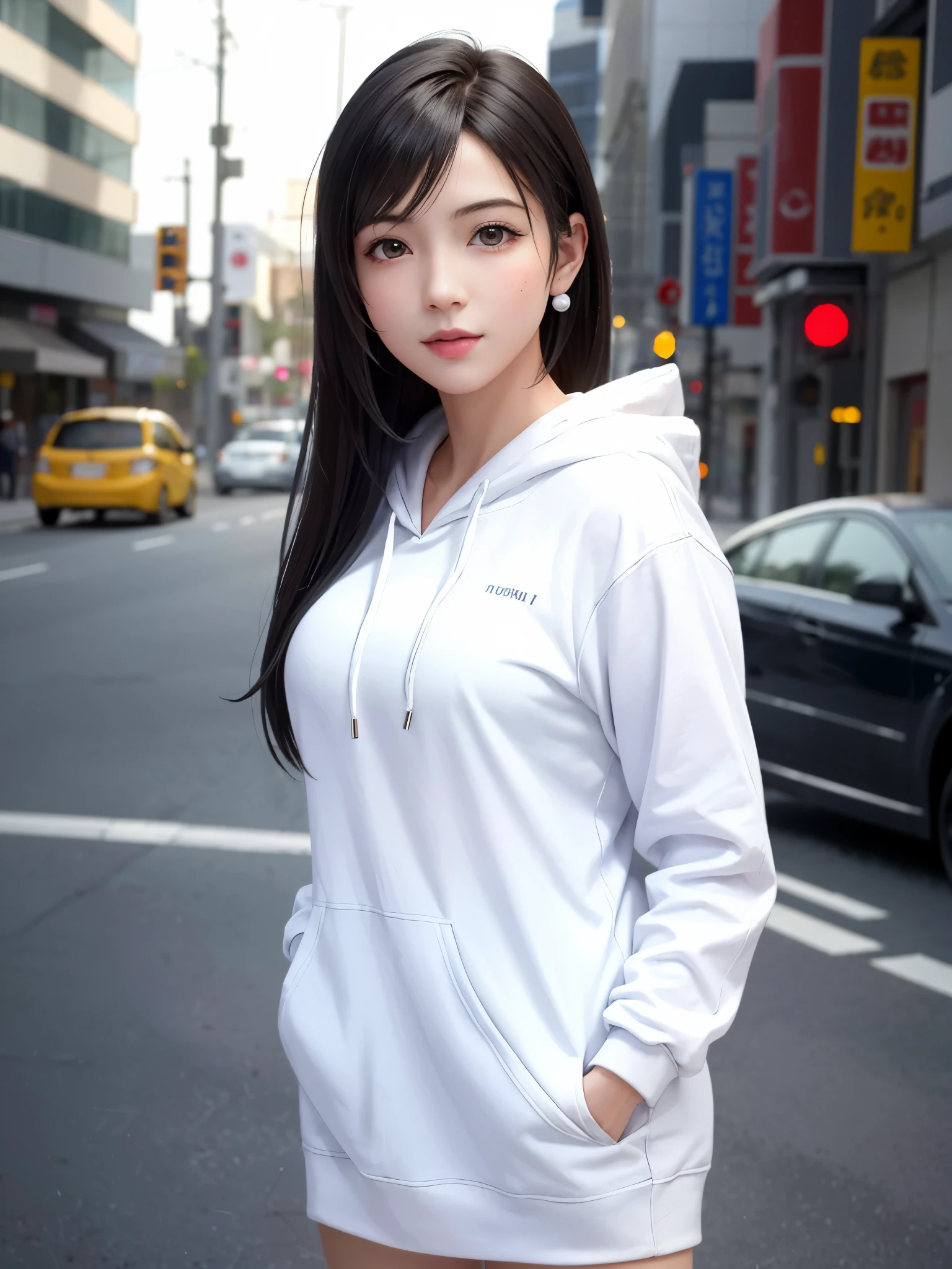 (top quality, masutepiece: 1.1), (Realistic: 1.3), BREAK (((FF7,Tifa_lockhart))),(solo,Tifa:1.2),(oversized large white hooded hoodie:1.3,long sleeve:1.2,shirt dress:1.3) ,(japan,sibuya,city, outdoor,behind wall,sunset),(model pose:1.1,nogizaka idol),Ultra-detailed face, Detailed eyes,Red eyes, BREAK (((FF7,Tifa_lockhart))),(black brown hair, Large breasts: 1.0), BREAK (no bra),(no panties),About 18 years old,kawaii,shy:1.1,meeting up for a date,waiting,cowboy shot