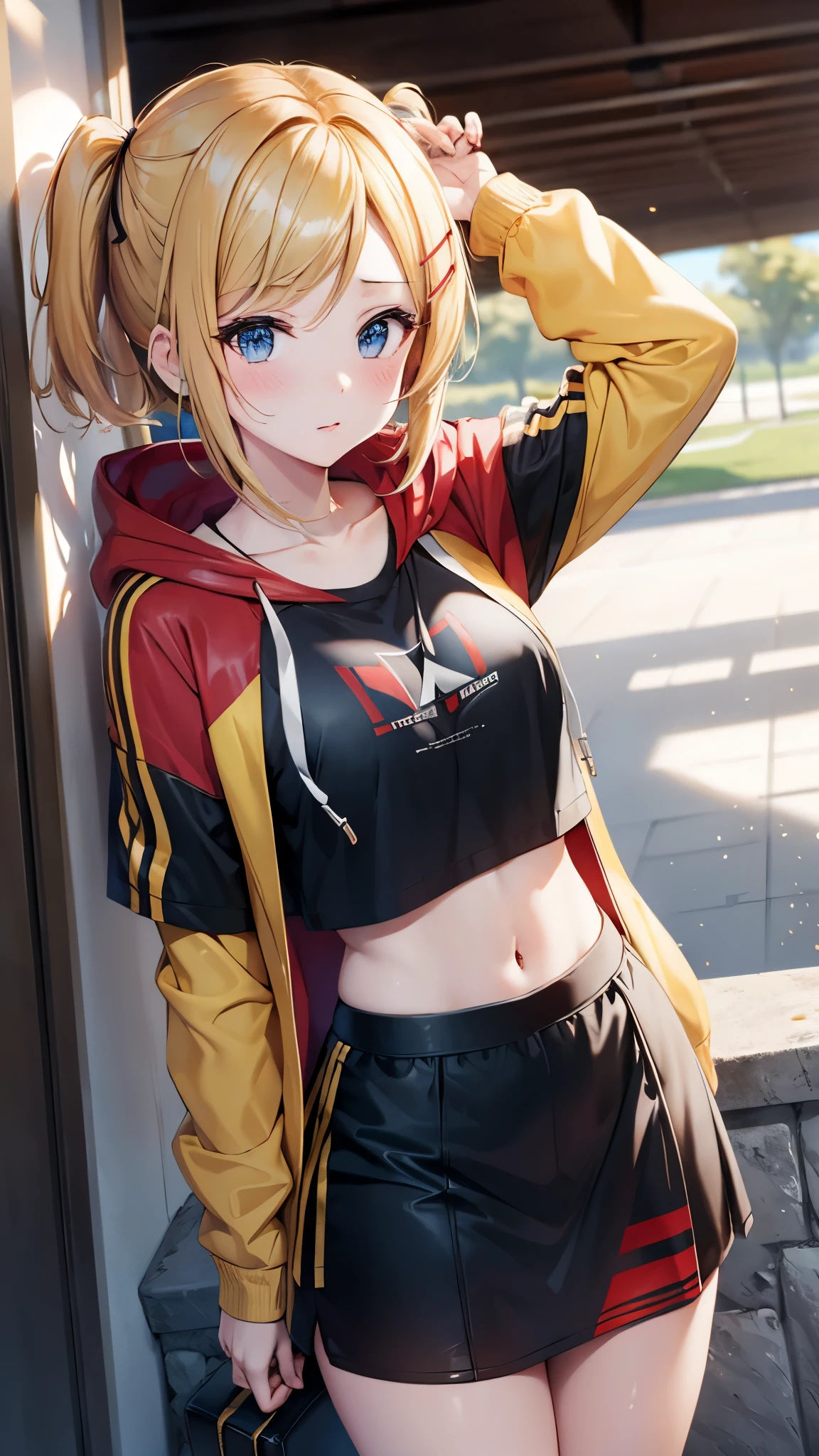 Kagamine rin , 1 girl , wearing a red hooded sweater , white miniskirt with gold horizontal lines , viendo al espectador , bragas visibles , rostro seductor ,(imagen de ultra alta calidad 8k ) obra maestra ( high-definition picture ) , maximum image resolution , ( detalles de la imagen bien definidos )