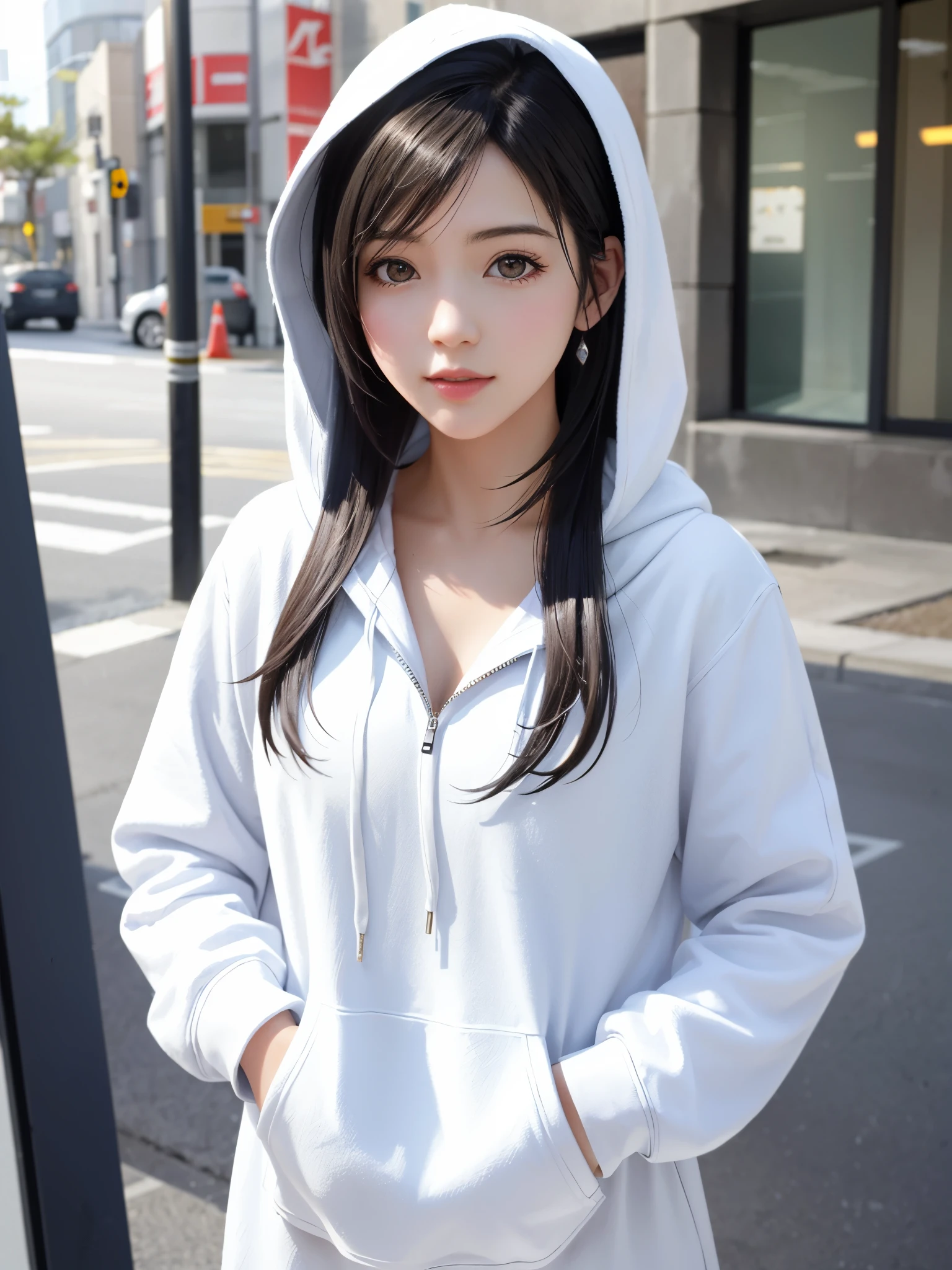 (top quality, masutepiece: 1.1), (Realistic: 1.3), BREAK (((FF7,Tifa_lockhart))),(solo,Tifa:1.2),(oversized large white hooded hoodie:1.3,long sleeve:1.2,shirt dress:1.3) ,(japan,sibuya,city, outdoor,behind wall,sunset),(model pose:1.1,nogizaka idol),Ultra-detailed face, Detailed eyes,Red eyes, BREAK (((FF7,Tifa_lockhart))),(black brown hair, Large breasts: 1.0), BREAK (no bra),(no panties),About 18 years old,kawaii,shy:1.1,meeting up for a date,waiting,cowboy shot