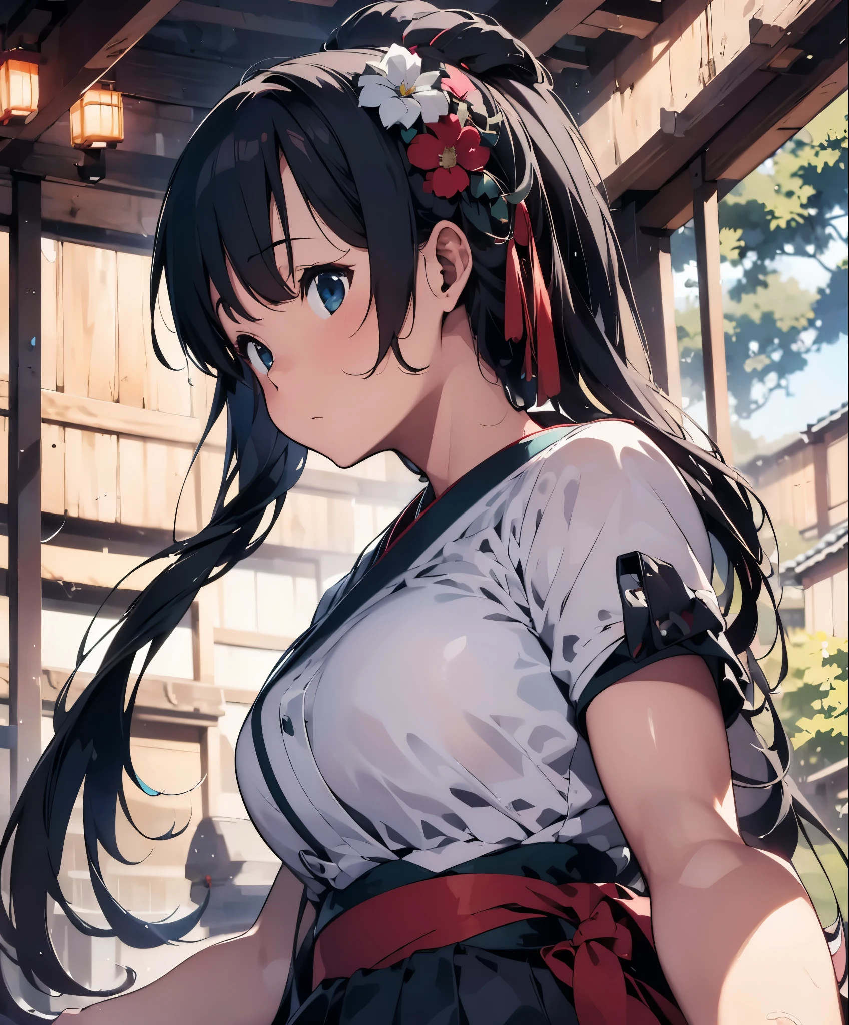 (masterpiece), (highest quality), ultra high resolution, sharp focus, ((1 female, alone)), Upper body, Hatsune Miku,beautiful breasts,Beating Japanese drums,hakama,Sarashi,Standing in honor, perfect feminine face,stage