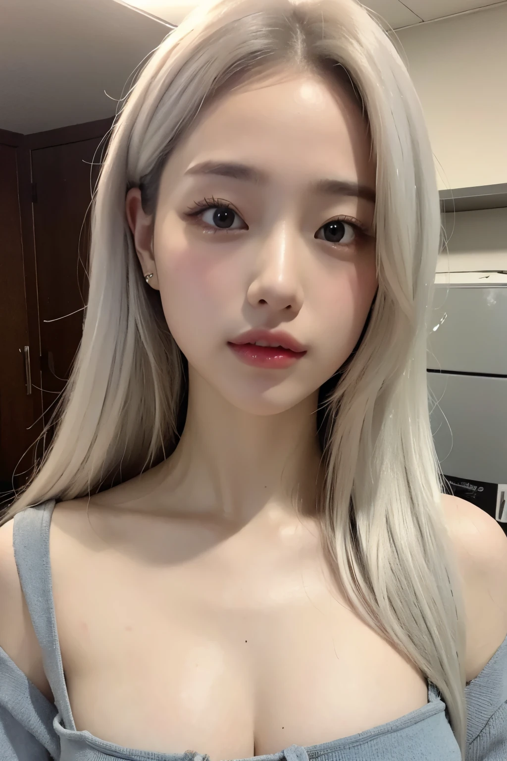 realistic, High resolution, 1 female, glowing skin, alone, wide lips,long hair,straight hair,saggy breasts,small face,white hair,Color Contacts,Trendy fashion,Full body coordination daytime,realistic skin texture,Real,K-pop Idol