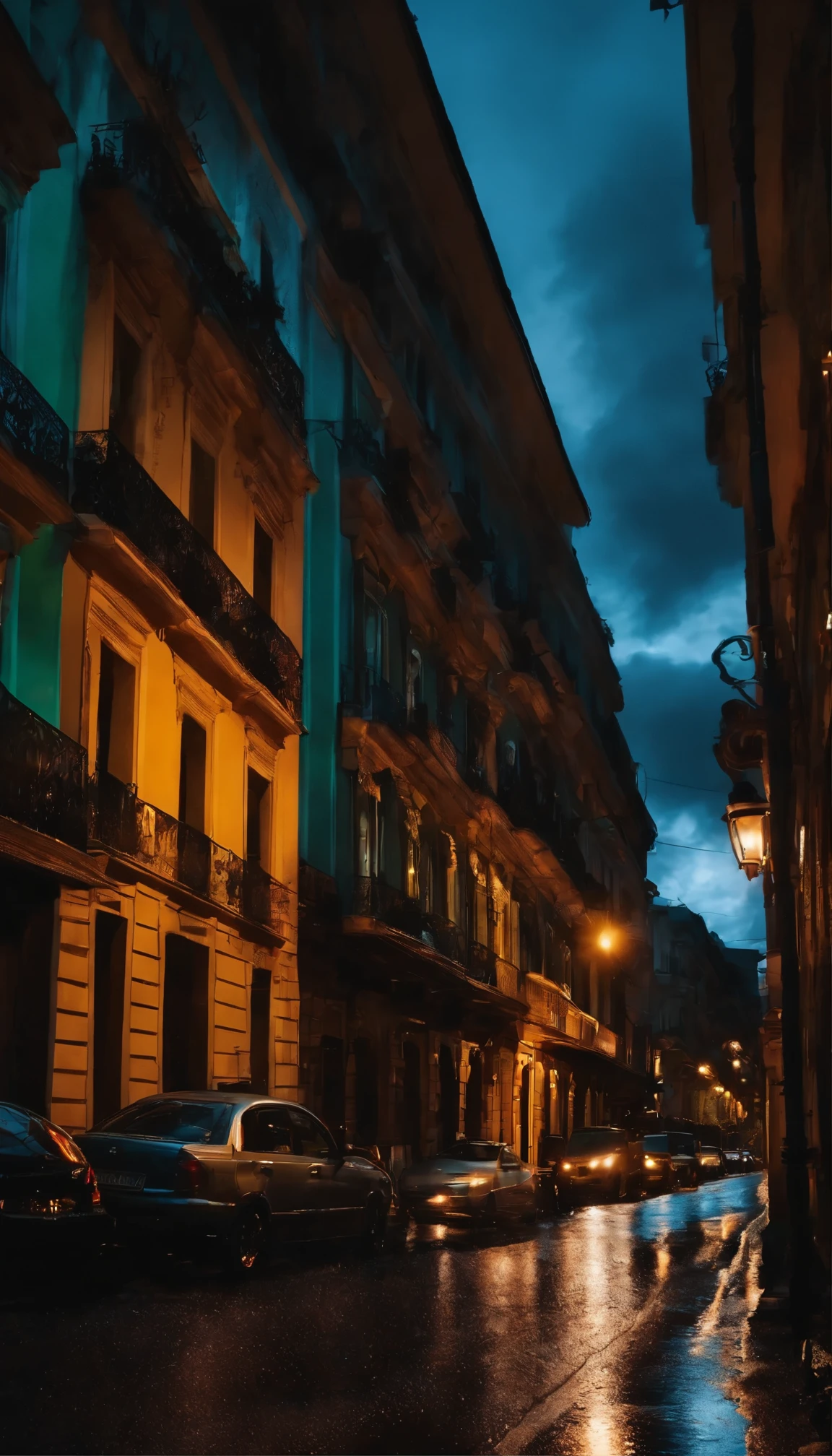 uma rua de uma pequena cidade iluminada por luzes dos postes, the asphalt is wet from the rain, some clouds in the sky, the darkness of the night.