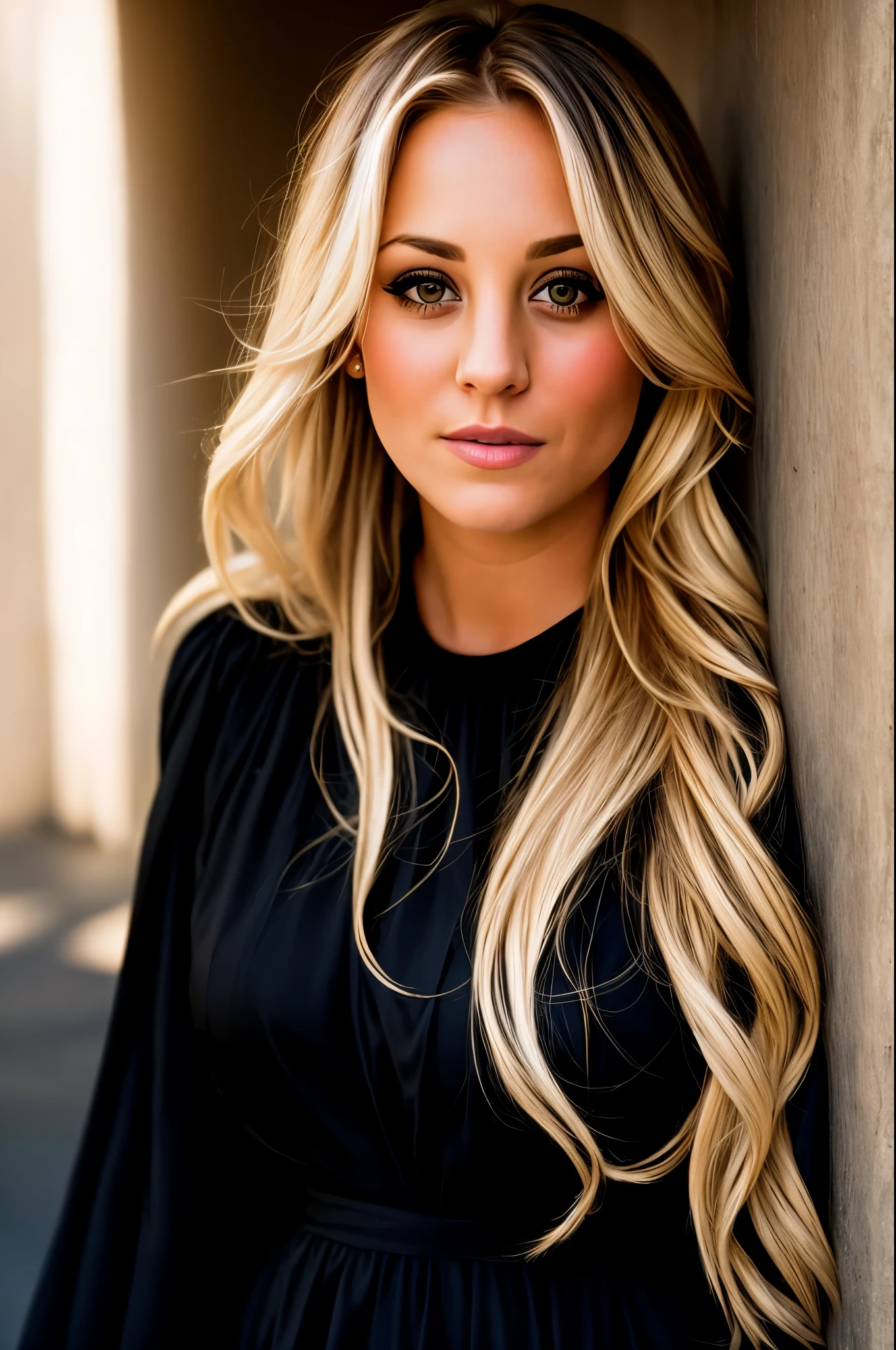 KaleyLoRA1, RAW photo, face portrait photo of beautiful 26 y.o woman, cute face, wearing black dress, happy face, hard shadows, cinematic shot, natural light, 50mm fuji film, film grain, texture