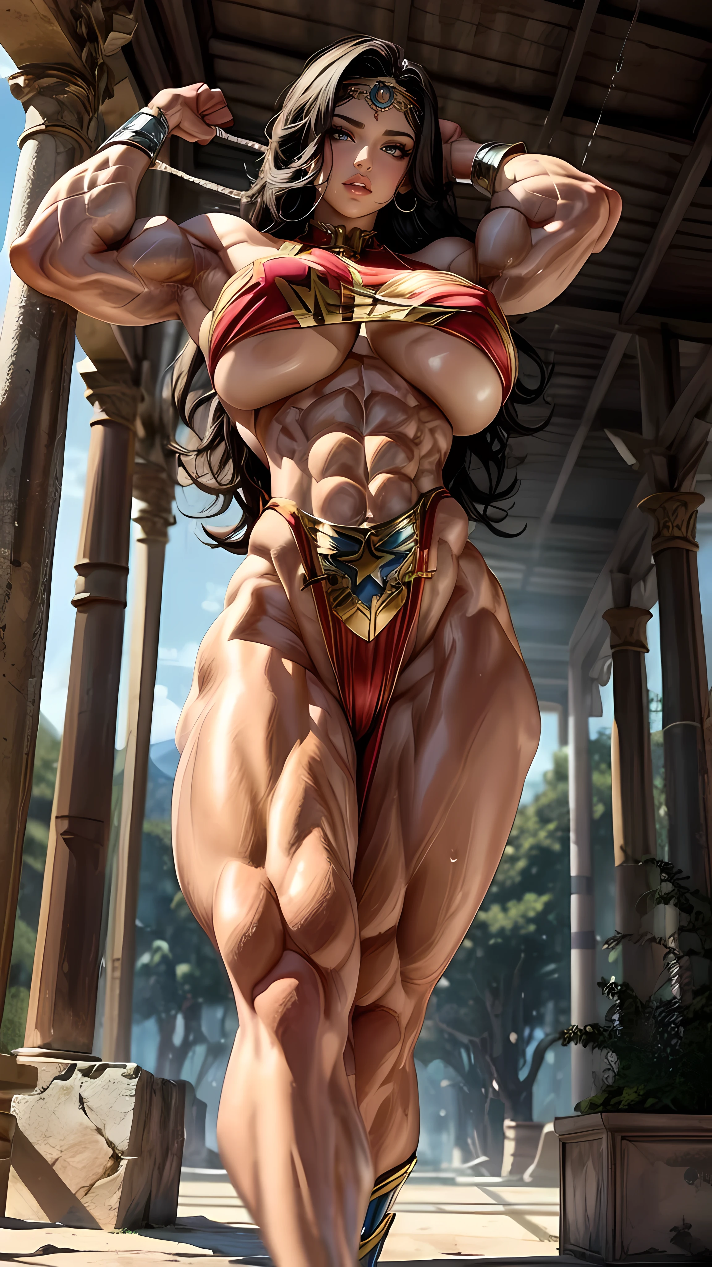 Gal Gadot, Wonder Woman, 20 years old, natural hair, realistic portrait, 4k, supreme detail, highly detailed, smooth, sharp focus, cinematic lighting, facing the camera, dark studio, rim lighting, two-tone lighting, poorly lit, discreet, full body, ((NSFW)), (((accurate anatomy))), ((wide hips)), (((Huge breasts))), ((long legs)), (((Massive Female Bodybuilder))), ((((Muscular Legs)))), (((((Huge Muscles))))), sexy pose, back looking at the viewer, with detailed and proportional feet and hands, showing movement and expression, standing, ancient greek ruins, lake, trees,