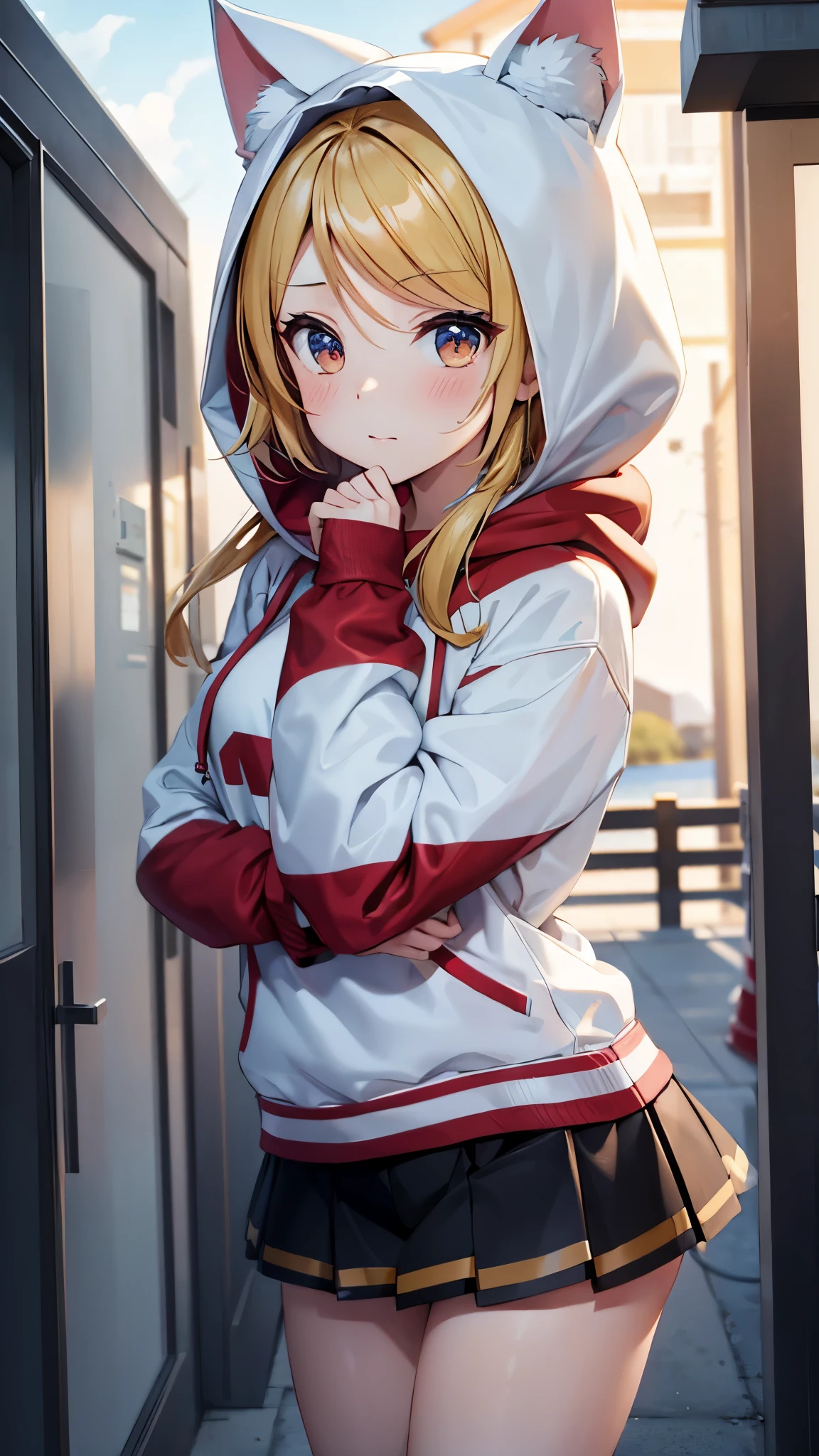 Kagamine rin , 1 girl , wearing a red hooded sweater , white miniskirt with gold horizontal lines , viendo al espectador , bragas visibles , rostro seductor ,(imagen de ultra alta calidad 8k ) obra maestra ( high-definition picture ) , maximum image resolution , ( detalles de la imagen bien definidos )