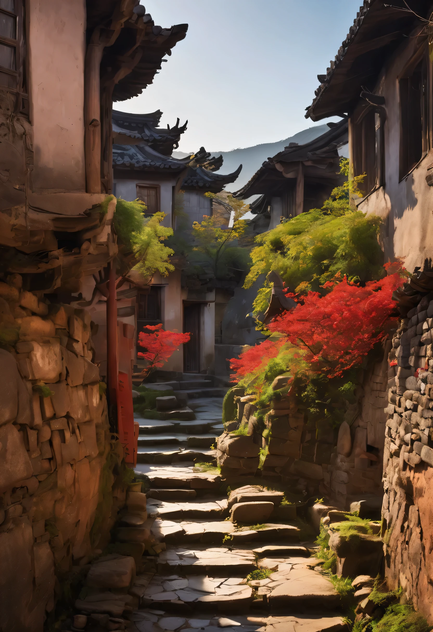HD,masterpiece,Award-winning photography。ancient Chinese town,magnificent ancient village,Built on the mountain,Sunset dusk,Sunset,Sunset,Ayahuasca old tree,Water gurgles under the bridge,stone road steps,Red walls and green tiles,Beautiful scenery,beautiful small town,