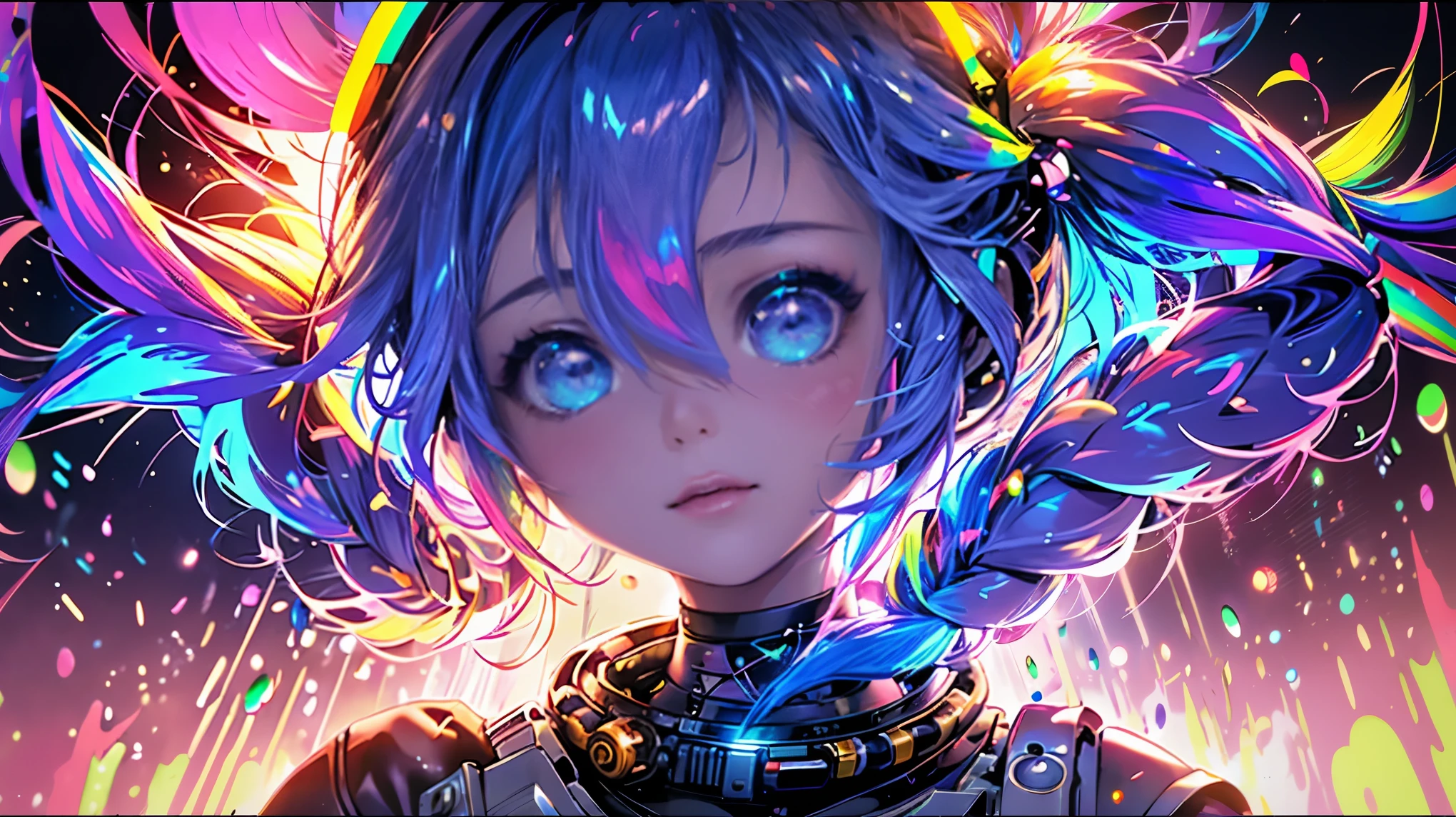 hair bobbles, wince, long eyelashes, solid circle eyes, light smile, ear blush, fang, (((rainbow hair))), makeup, blush, sad, sad smile, drop shadow, anaglyph, atmospheric perspective, 8k, super detail, accurate, best quality, (cyberpunk), bright lighting, masterpiece,1girll, ((((short twintails)))), Colorful hair, flying, pink bows,((16-year-old female model)), (angel halo) , eye level shot, (((astronaut))), (((cowboy shot))), ((((( color splash ))))), (((tech savy)))