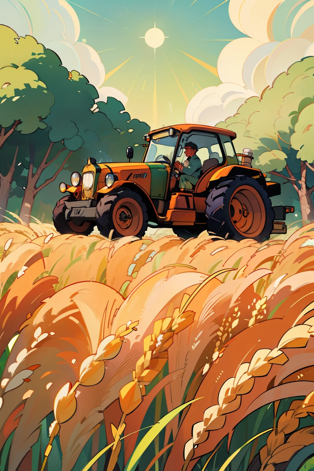 In the heart of Agropecuaria Ducci's farm logo, a vibrant scene unfolds. midst of lush greenery, ripe cereals such as soy, corn, and wheat embrace the landscape. Cattle graze peacefully in the distance, their muscular forms contrasting the monumental tractor stationed in the center. The tractor's wheels turn, as if in motion, symbolizing the farm's dedication to progress. Golden grains whisper in the gentle breeze, creating an illusion of depth and texture. The sun casts long, warm shadows, conveying a sense of tranquility and prosperity. A picturesque representation of nature's bounty and