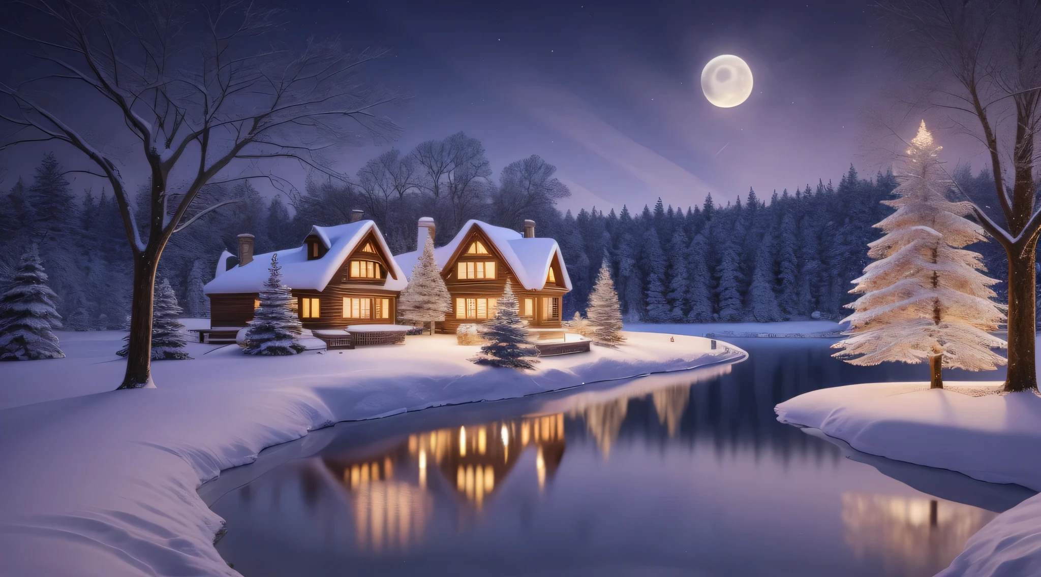 arafed house on a snowy lake with a full moon in the background, winter night, moonlight snow, snowy night, moonlight snowing, beautiful moonlight night, winter setting, winter lake setting, warm beautiful scene, snow glow, moonlit night dreamy atmosphere, winter scene fantasy, snowy winter christmas night, soft moonlight lighting, beautiful moon light, beautiful moonlight, snowy winter