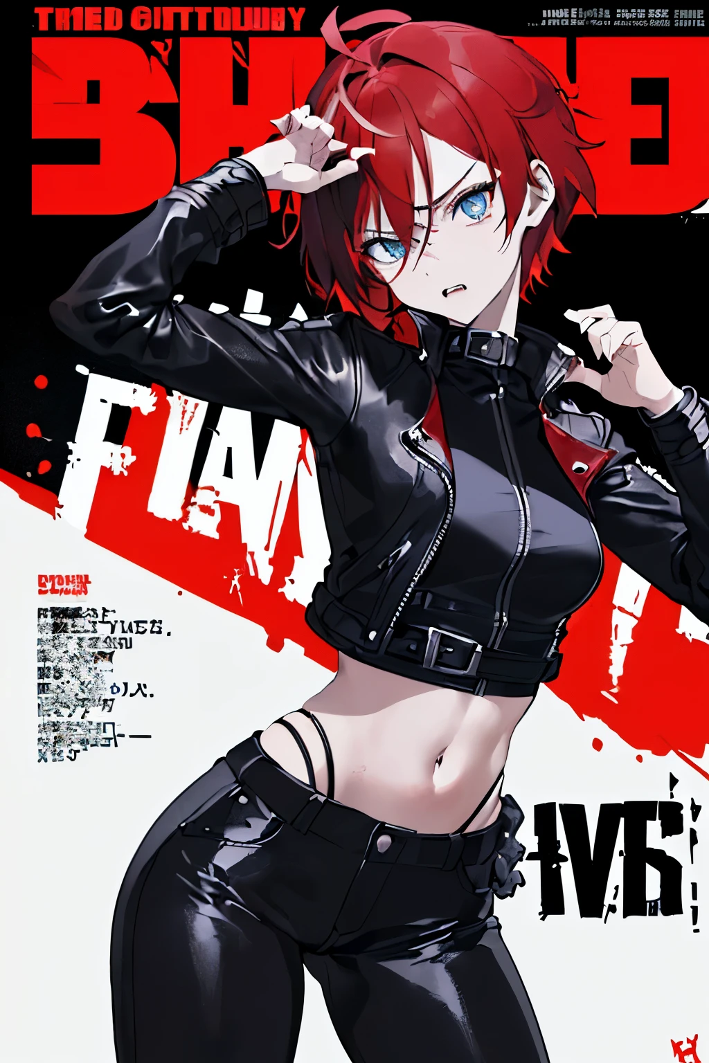 ((((dramatic))), (((gritty))), (((intense))) film poster featuring a teenage girl with side-swept short red hair with ahoge and blue eyes as the central character. She stands confidently in the center of the poster, wearing a red leather jacket with a black shirt underneath, black pants , with a determined expression on her face. The background is dark and gritty, with a sense of danger and intensity. The text is bold and attention-grabbing, with a catchy tagline that adds to the overall feeling of drama and excitement. The color palette is mainly dark with splashes of black and red colors, giving the poster a dynamic and visually striking appearance,tachi-e (magazine:1.3), (cover-style:1.3), fashionable, woman, vibrant, outfit, posing, front, colorful, dynamic, background, elements, confident, expression, holding, statement, accessory, majestic, coiled, around, touch, scene, text, cover, bold, attention-grabbing, title, stylish, font, catchy, headline, larger, striking, modern, trendy, focus, fashion,