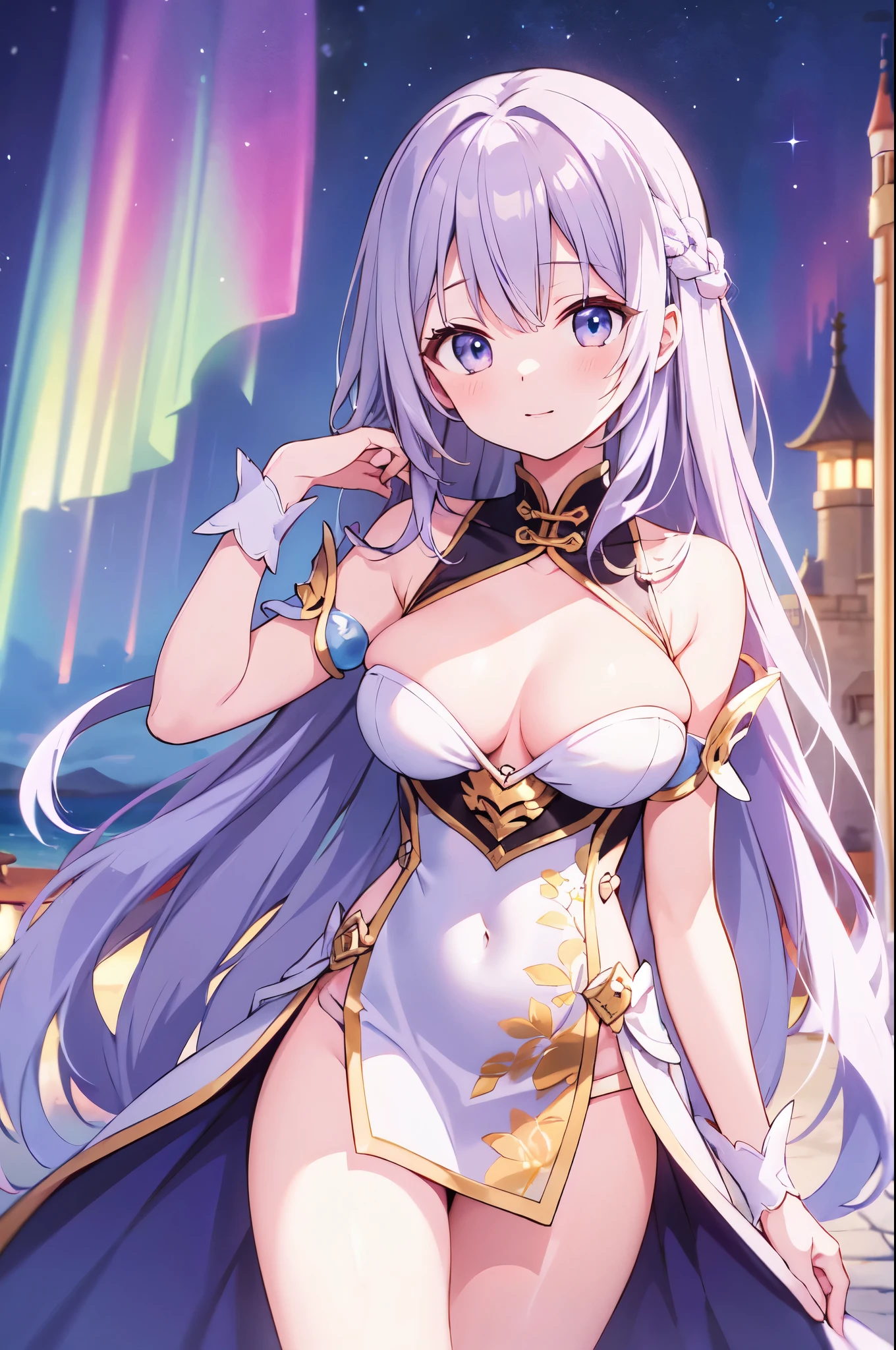 (masterpiece)、(highest quality)、((Super detailed))、(super delicate)、naughty chinese princess、Pastel colors hair、beautiful breasts、gorgeous castle、Fantastic starry sky、aurora