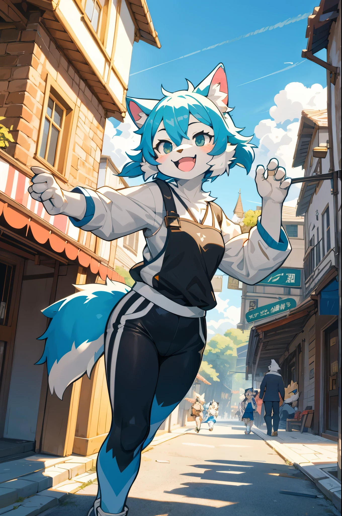 In an artful composition reminiscent of an anime drawing, a playful scene unfolds. A resplendent blue wolf, clad in a military-style camouflage shirt, stands prominently in the foreground, capturing attention with its unique fashion sense. To the left, a captivating cartoon depiction of a cat with blue hair and blue eyes adds a fantastical element to the setting, intriguing the viewer with a touch of whimsy. The carefully drawn image showcases intricate details, such as a blue and white hood capturing the essence of urban fashion, and a paw with pink spots, playfully creating a sense of individuality. The overall composition sparks curiosity and invites further exploration., <lora:omaneko:0.8>,omaneku