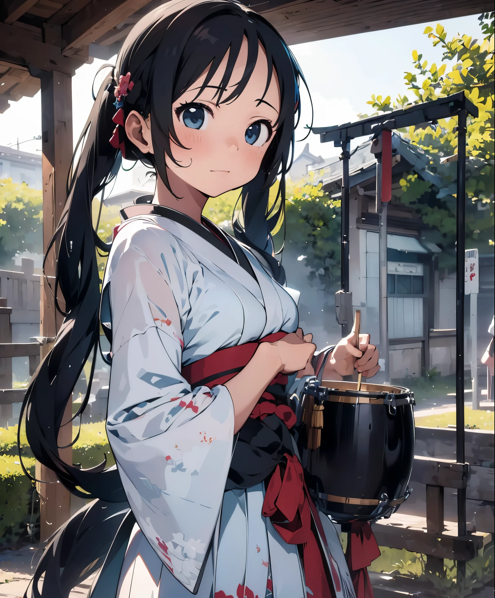 (masterpiece), (highest quality), ultra high resolution, sharp focus, ((1 female, alone)), Upper body, Hatsune Miku,Beating Japanese drums,hakama,Sarashi,Standing in honor, perfect feminine face,stage