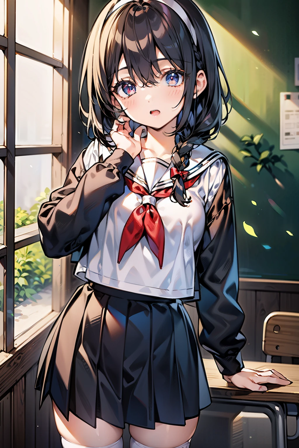 Body 8 times longer than head, (High-definition CG Unity 8K), (highest quality)，(very detailed)，(ultra high resolution), black hair, High school girl wearing a navy sailor suit, anime 2d rendering, realistic young anime , ((white headband)), small breast, tall, slanted eyes, (school scenery), black stockings, open your mouth a little, Dark blue skirt, braid hair,  Reflection Pose, day light, 
