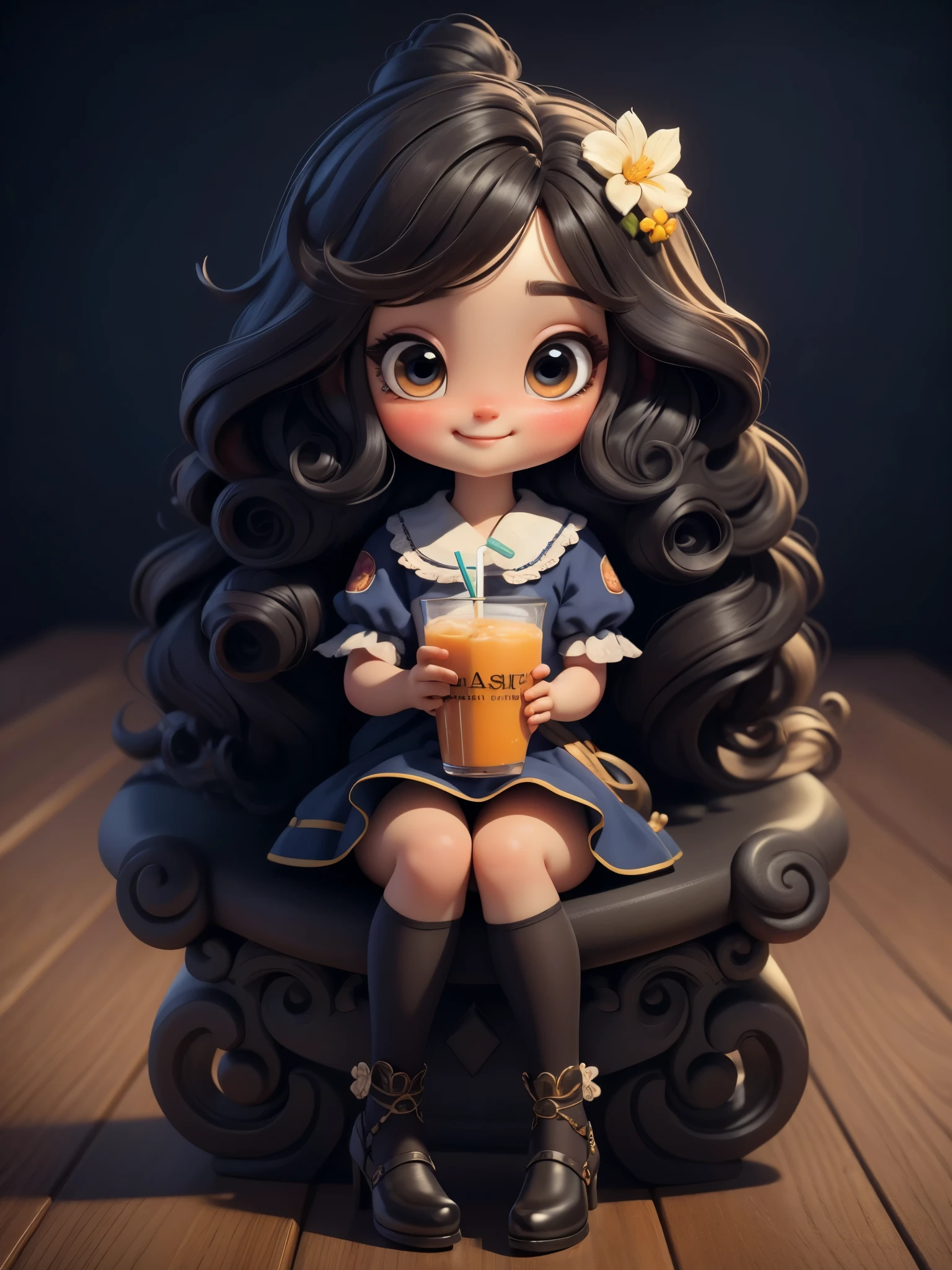 (masterpiece: 1.2), (best quality),Cute chibi style doll,Drink juice with a straw,sitting,(best quality), ((masterpiece)), (high resolution),(happy),Happy,happy,Long curly hair。(intricate details) ,(8k), (exquisite eyes) (sharp focus),
