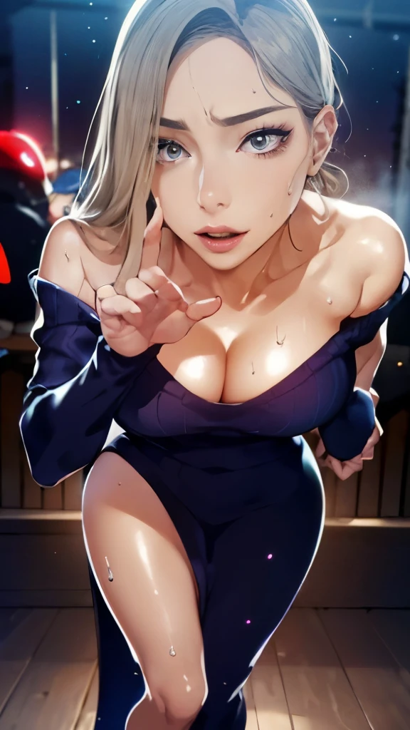 solo、Female 1、8k, RAW image、lively、Crisp double、long eyelashes、big breasts、cleavage emphasis、big cleavage、White V-neck off-shoulder that sticks to your skin、long sweater maxi dress、sweaty face,Shiny pink gloss lip、sexy lips、standing pose、get horny、sexy face、background bokeh、(full shot)、((beautiful feet、Sexual facial expressions、a seductive look)), (Thin small face、sharp chin、small mouth、(((sweat,glowing skin、shiny skin、oil skin)))、((full shot))