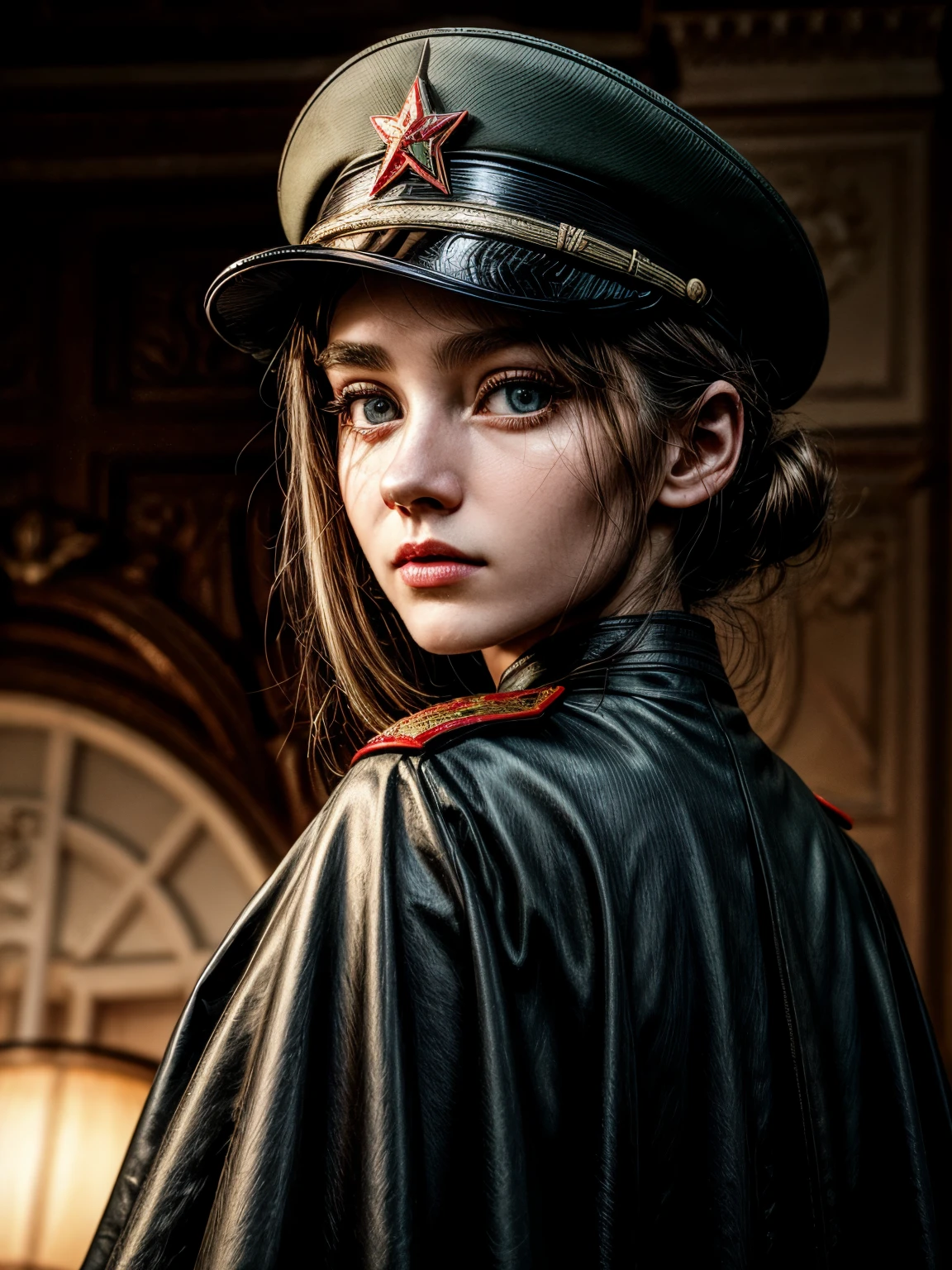 Beautiful Soviet woman, 16 years old, military, cap, uniform, face with determination, long eyelashes, beautiful eyes with brightness, surrealism, shadow, stereogram, (photorealistic, realistic: 1.2), POV, atmospheric perspective, cinematic lighting, ray tracing, 8k, super detail, best quality, masterpiece, well detailed, (Canan EOS R6, 135mm, 1/1250s, f/2.8, ISO 400:0.9), weapons, neckline, back, round ass, USSR, communism, sickle and hammer