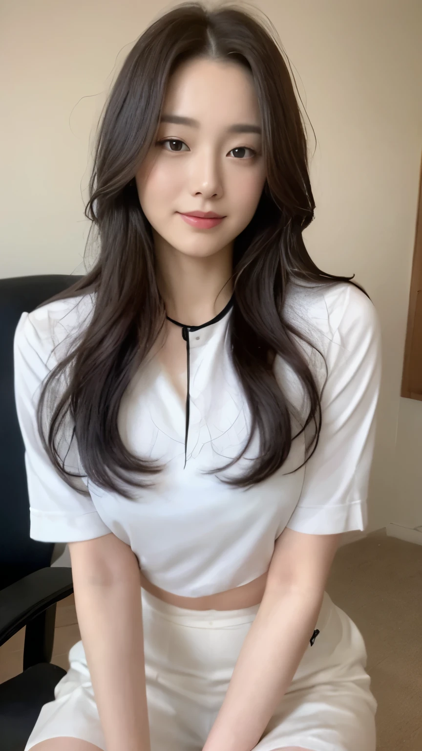 ((top-quality、8k、masterpiece:1.3))、Beautiful woman with perfect body:1.4、slim abdomen:1.2、Longhair, normal breast, Highly detailed facial and skin texture, A detailed eye, delicate eyes, (smile), (full body shot), ((office)), (sitting on chair), (((wearing white uniform))), looking in front