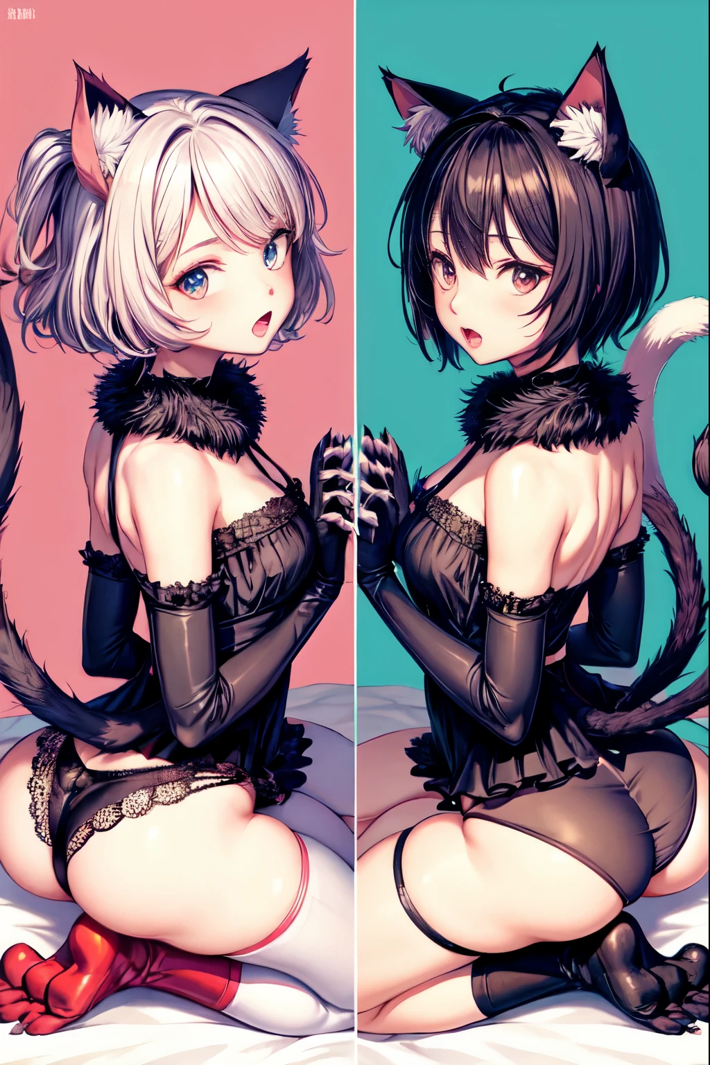 two separate pictures of anime girls dressed up for sex with their legs spread, animal hands, animal ears, ass, tail, multiple girls, cat ears, gloves, paw gloves, sitting, 2girls, short hair, underwear, panties, cat tail, looking back, open mouth