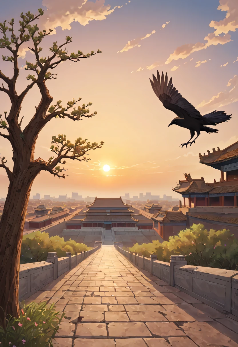 Gaze at the distant skyline,那Sunset余晖与古老的the forbidden city映造出一道美丽的风景,Ancient road westerly wind,the forbidden city,Sunset,Sunset,cloud,fallen flowers,ancient city,dead tree,mottled,grassland,Silent and desolate,Old crow